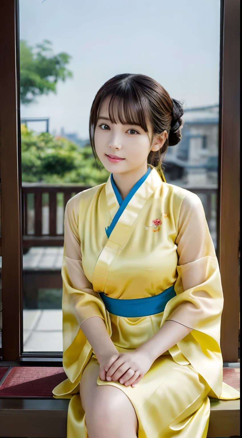 Araki woman in yellow kimono sitting on the windowsill, Palace ， A girl in Hanfu, Realistic anime 3 D style, Guviz-style artwork, Beautiful character painting, 3 d anime realistic, trending on cgstation, anime styled 3d, Wearing ancient Chinese clothes, Chinese girl, Artgerm and Atey Ghailan