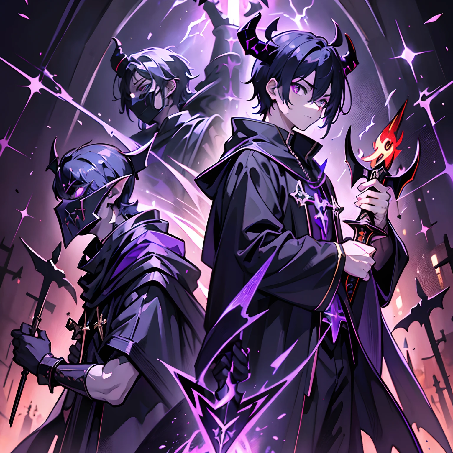 night , priest , cleric , young boy ,  royal garment , cultist leader , dark crown , death cross, wear mask , demon sword , angle statue in the back , church , dark cultist , demon head , blood splatter , lightning , vivid light , purple magic aura , grim reaper