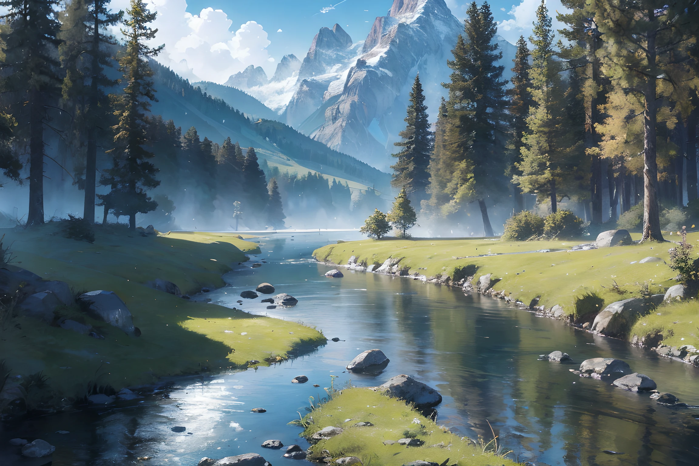 Best quality, Masterpiece, high resolution, Ultra HD, High detail, 16k, Nature views, bach, Mountains, A gently flowing stream, Clear, true, Octane rendering