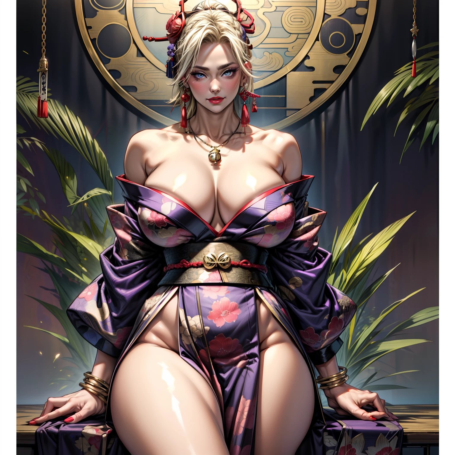 Masterpiece, Solo beautiful mature european woman with platinum blonde hair and detailed sky blue eyes, long braided ponytail with hairpin, thick red lips, seductive smile, bare shoulders, large breasts, cleavage, curvy, wide hips, thick thighs, bare legs, shiny oily skin, eye shadow age 30, MILF, , wearing open purple kimono with detailed gold patterns, ((Oiran)), necklace, bracelets, hoop earrings, japanese clothing, boobplate, obi, kiseru, crystal ball, tarot cards, knife. seductive