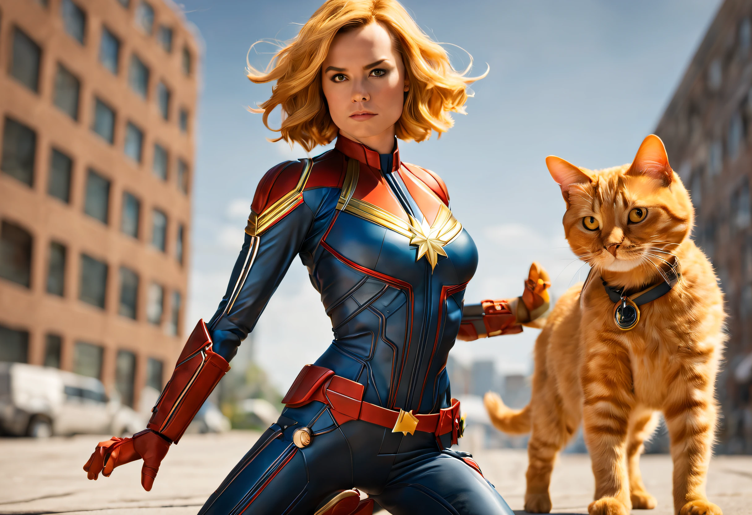 (Captain Marvel, blonde, iconic comic costume, posing, goose cat, orange hair, yellow eyes:1.42), superhero, MCU, adventurous, confident, strong, energetic, dynamic pose, bright colors, movie scene, vibrant composition, gritty , exciting and dynamic. powerful pose (best quality, 4k, 8k, high resolution, masterpiece: 1.2), ultra detailed, (realistic, photorealistic, photorealistic: 1.37), HDR, UHD, studio lighting, physical representation, extremely detailed description, professional, colors vivid, bokeh, comic style.