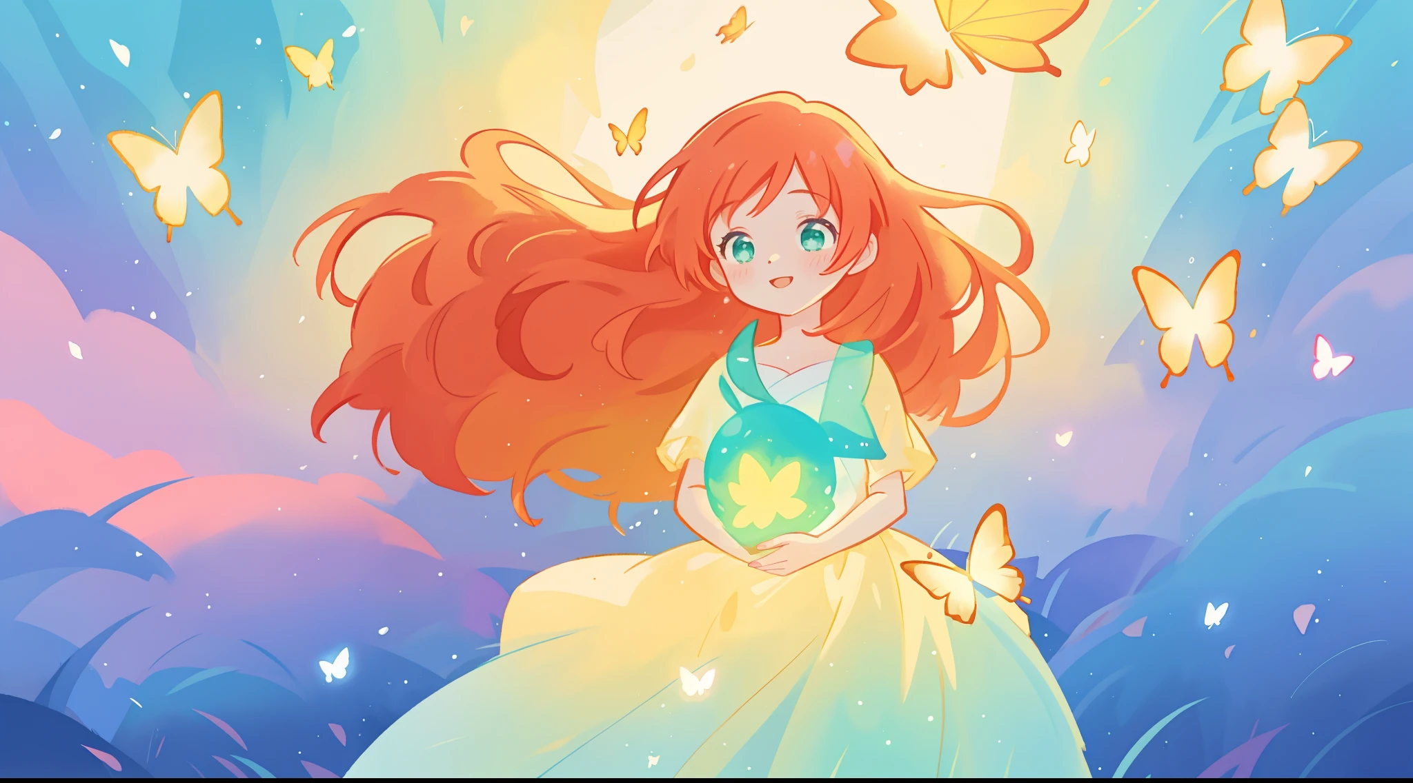 beautiful girl in flowing puffy gradient gold to aqua ballgown, ((glowing yellow butterflies)), long sparkling red hair, fantasia magical landscape background, watercolor illustration, inspired by Glen Keane, inspired by Lois van Baarle, disney art style, by Lois van Baarle, glowing aura around her, by Glen Keane, jen bartel, glowing lights! digital painting, flowing glowing hair, glowing flowing hair, beautiful digital illustration, fantasia otherworldly landscape plants flowers, beautiful, masterpiece, best quality, anime disney style