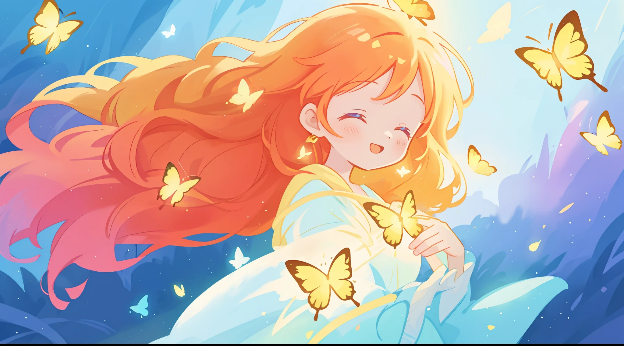 beautiful girl in flowing puffy gradient gold to aqua ballgown, ((glowing yellow butterflies)), long sparkling red hair, fantasia magical landscape background, watercolor illustration, inspired by Glen Keane, inspired by Lois van Baarle, disney art style, by Lois van Baarle, glowing aura around her, by Glen Keane, jen bartel, glowing lights! digital painting, flowing glowing hair, glowing flowing hair, beautiful digital illustration, fantasia otherworldly landscape plants flowers, beautiful, masterpiece, best quality, anime disney style