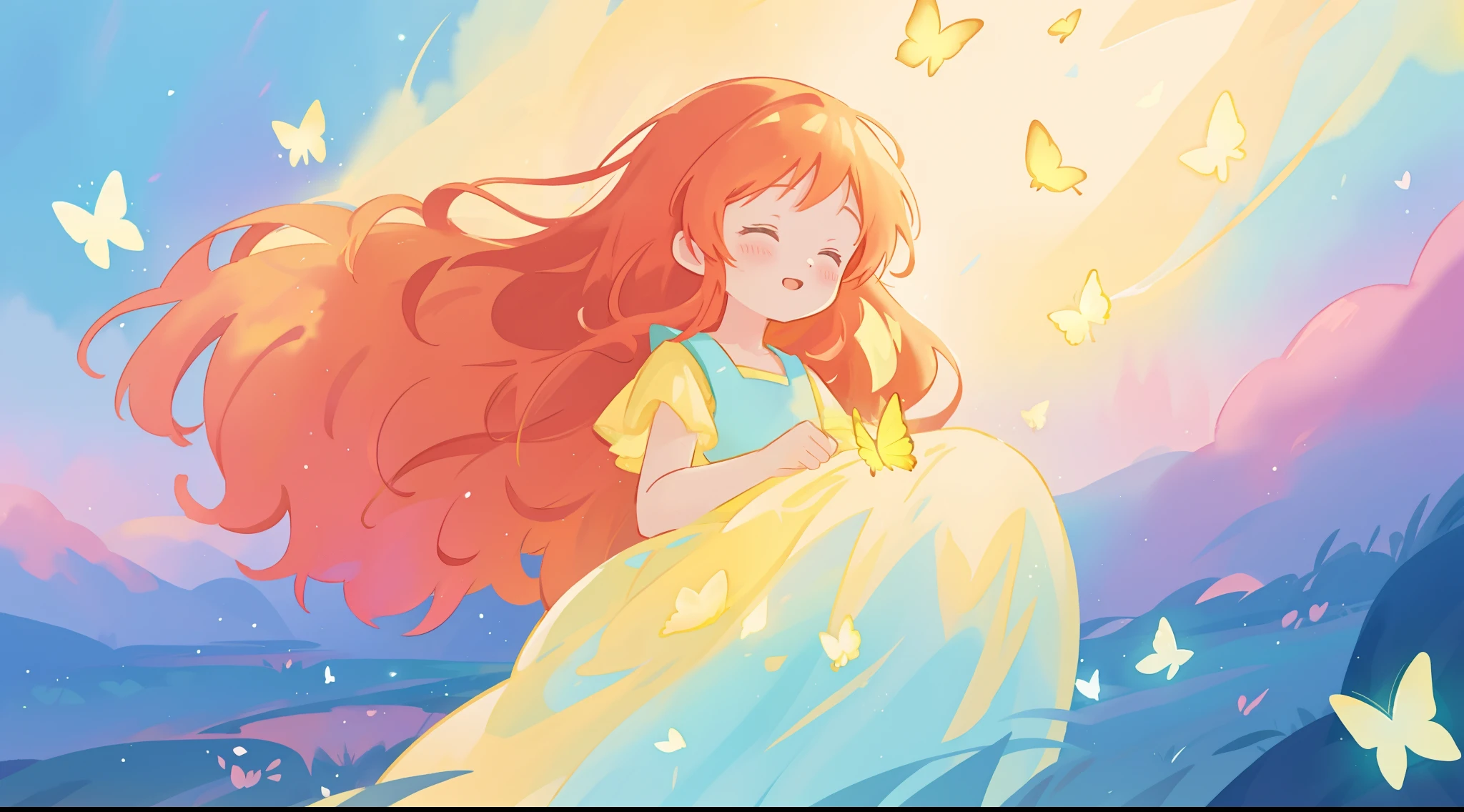 beautiful girl in flowing puffy gradient gold to aqua ballgown, ((glowing yellow butterflies)), long sparkling red hair, fantasia magical landscape background, watercolor illustration, inspired by Glen Keane, inspired by Lois van Baarle, disney art style, by Lois van Baarle, glowing aura around her, by Glen Keane, jen bartel, glowing lights! digital painting, flowing glowing hair, glowing flowing hair, beautiful digital illustration, fantasia otherworldly landscape plants flowers, beautiful, masterpiece, best quality, anime disney style
