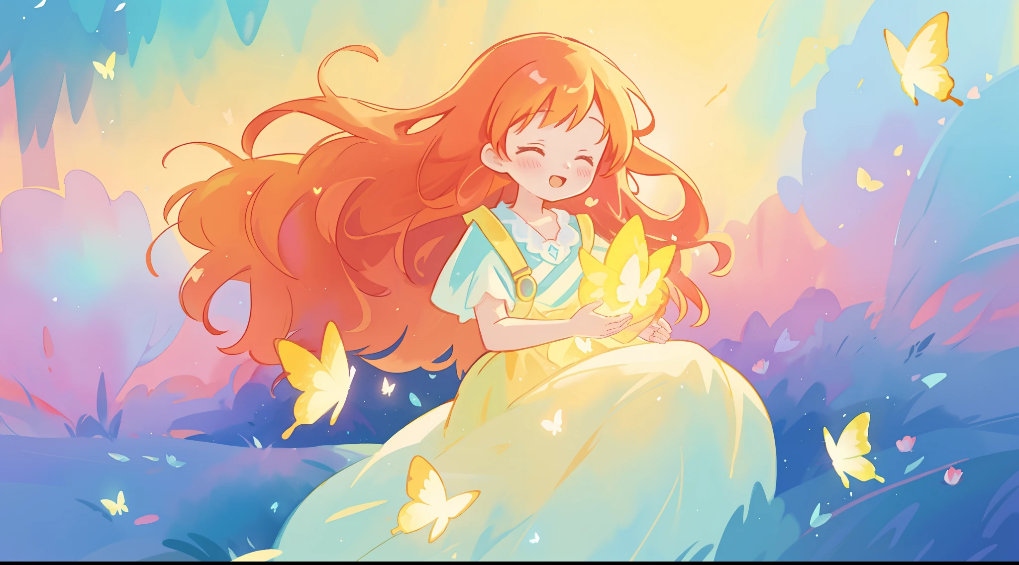 beautiful girl in flowing puffy gradient gold to aqua ballgown, ((glowing yellow butterflies)), long sparkling red hair, fantasia magical landscape background, watercolor illustration, inspired by Glen Keane, inspired by Lois van Baarle, disney art style, by Lois van Baarle, glowing aura around her, by Glen Keane, jen bartel, glowing lights! digital painting, flowing glowing hair, glowing flowing hair, beautiful digital illustration, fantasia otherworldly landscape plants flowers, beautiful, masterpiece, best quality, anime disney style
