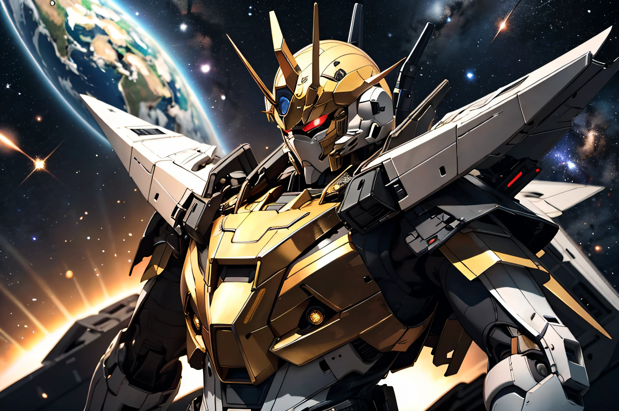 Mobile Suit Gundam with an all-black body、Golden edging on the body、Fly in outer space。Earth with stars on background、