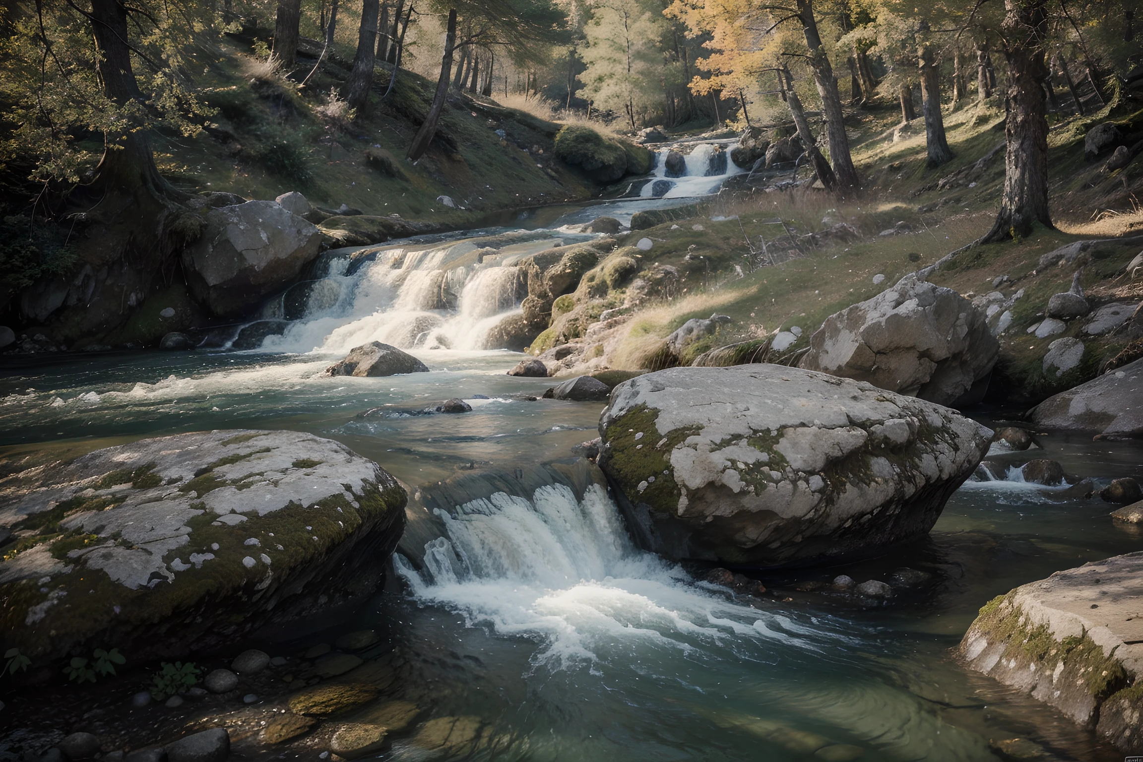 Best Quality, Masterpiece, High Resolution, Ultra HD, High Detail, 16K, Natural Landscapes, Streams, Mountains, Gently Flowing Streams, Clear, True, Octane Rendering
