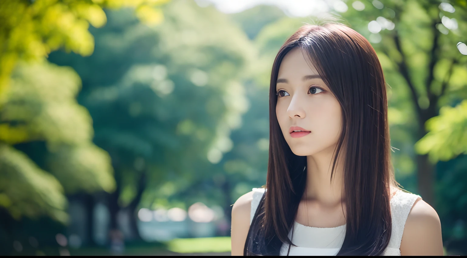Pretty Japan Woman shoulder-length hair, thin makeup, medium breast size, wearing dress, in the park, clear facial features, 8K high resolution, 16:9, sharp and realistic details, from the outside, eye level shot, f/1.4.0, 135mm, Fujifilm, JPEG artifact, dithering, DVD, masterpiece