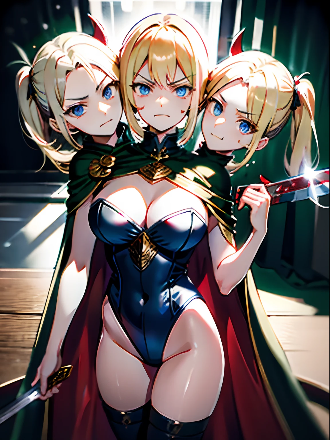 (masterpiece, best quality), best resolution, (3heads:1.5), pov, leotard, holding a sword, knight, armor, 1girl, angry, smug, blonde, blue eyes, cape, stabbing the viewer, yandere, bloody