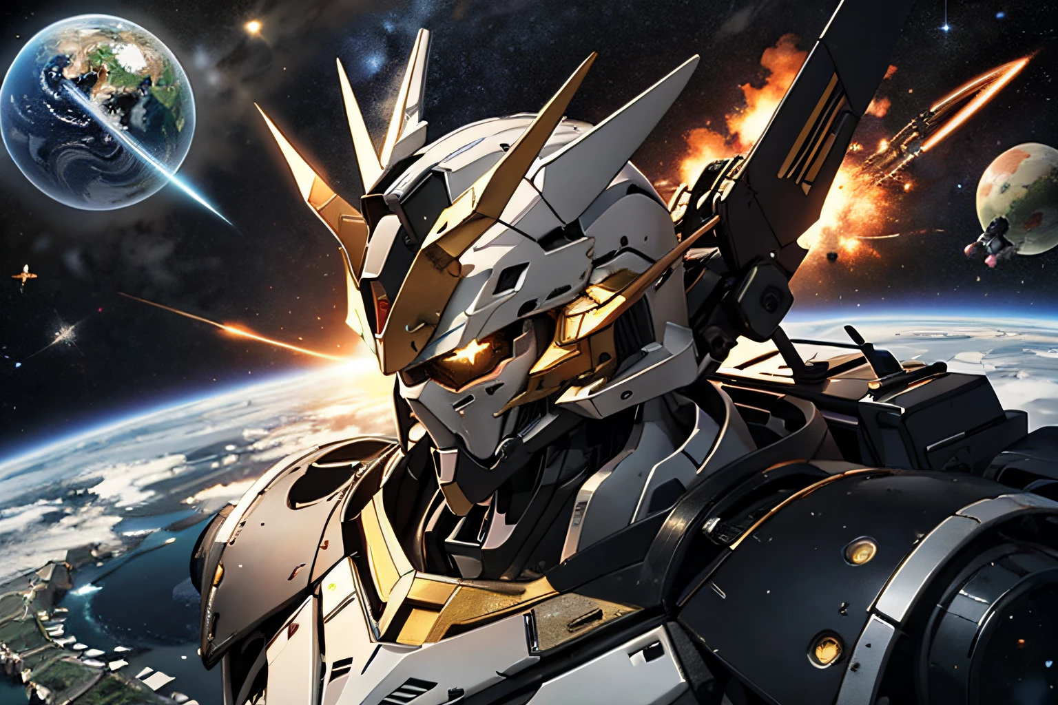 Mobile Suit Gundam with an all-black body、Gold trim at body、Fly in outer space。Earth with stars on background、
