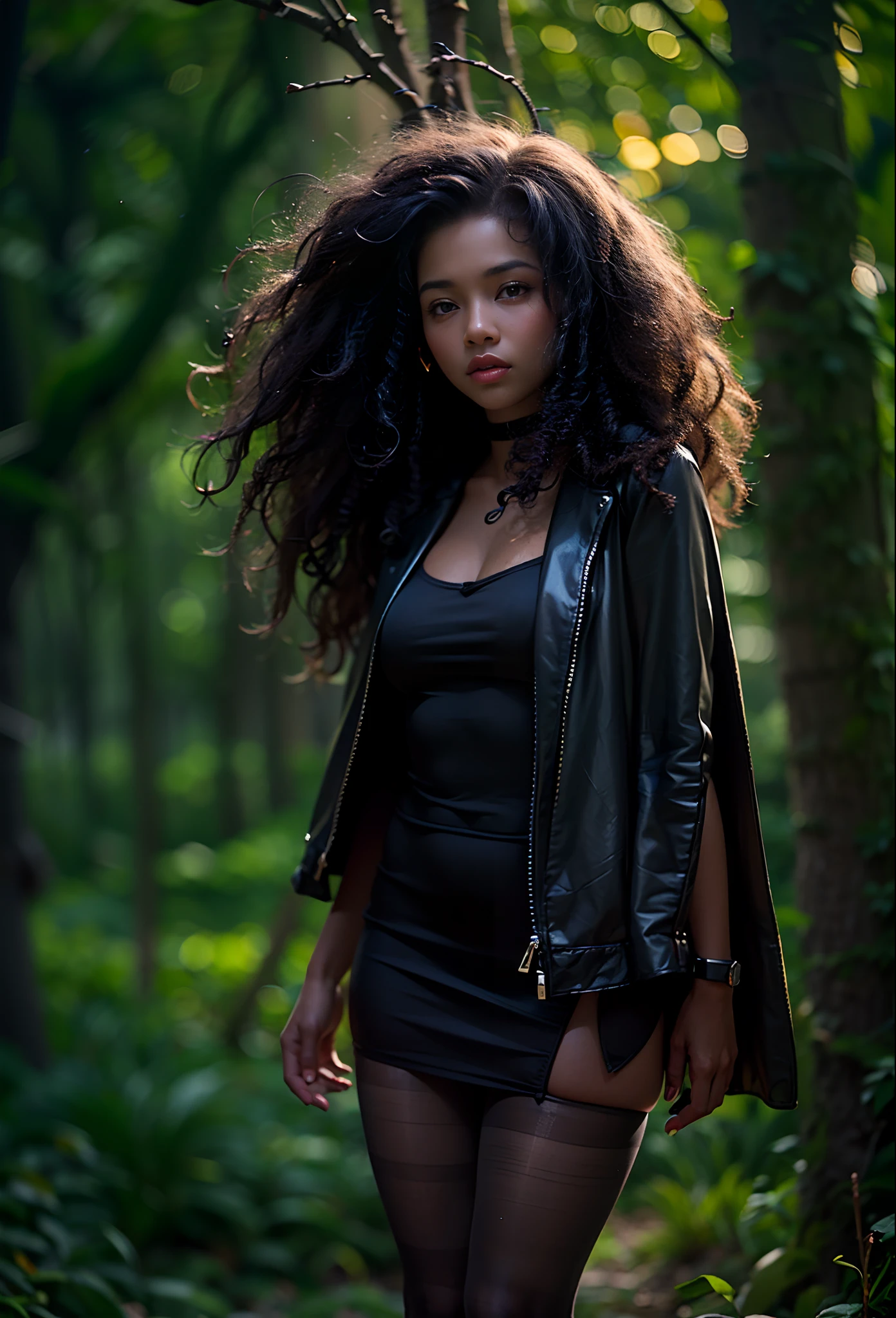 ((-yeld)))lack girl, (((light skin))), (((full body pose))), (((long curly black hair))), (((wearing tight micromini skirt, open front cloak))), (((seamless, black, pantyhose))), standing in the dark woods at night, moonlight shining through the dense canopy, dark fantasy, Rich, Deep Colours, (intricate details:0.9), (HDR, hyper-detailing:1.2), (natural skin textures, hyper realisitc, glistening skin, soft light, Sharp),