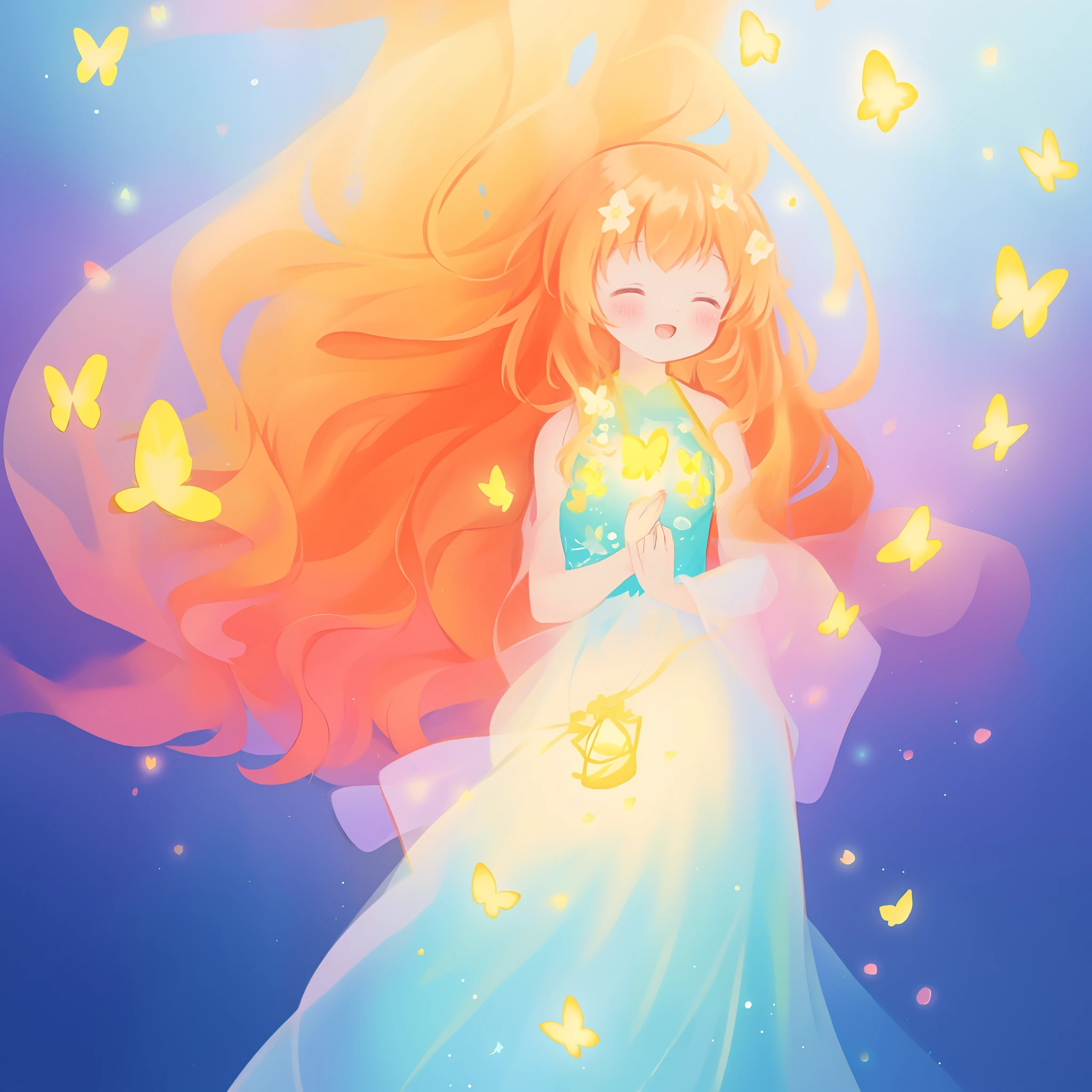 beautiful girl in flowing puffy gradient gold to aqua ballgown, ((glowing gold butterflies)), flowing sheer sleeves, (gradient yellow to aqua ballgown skirt), long sparkling red orange hair, fantasia background, watercolor illustration, inspired by Glen Keane, inspired by Lois van Baarle, disney art style, by Lois van Baarle, glowing aura around her, by Glen Keane, jen bartel, glowing lights! digital painting, flowing glowing hair, glowing flowing hair, beautiful digital illustration, fantasia otherworldly landscape plants flowers, beautiful, masterpiece, best quality, anime disney style