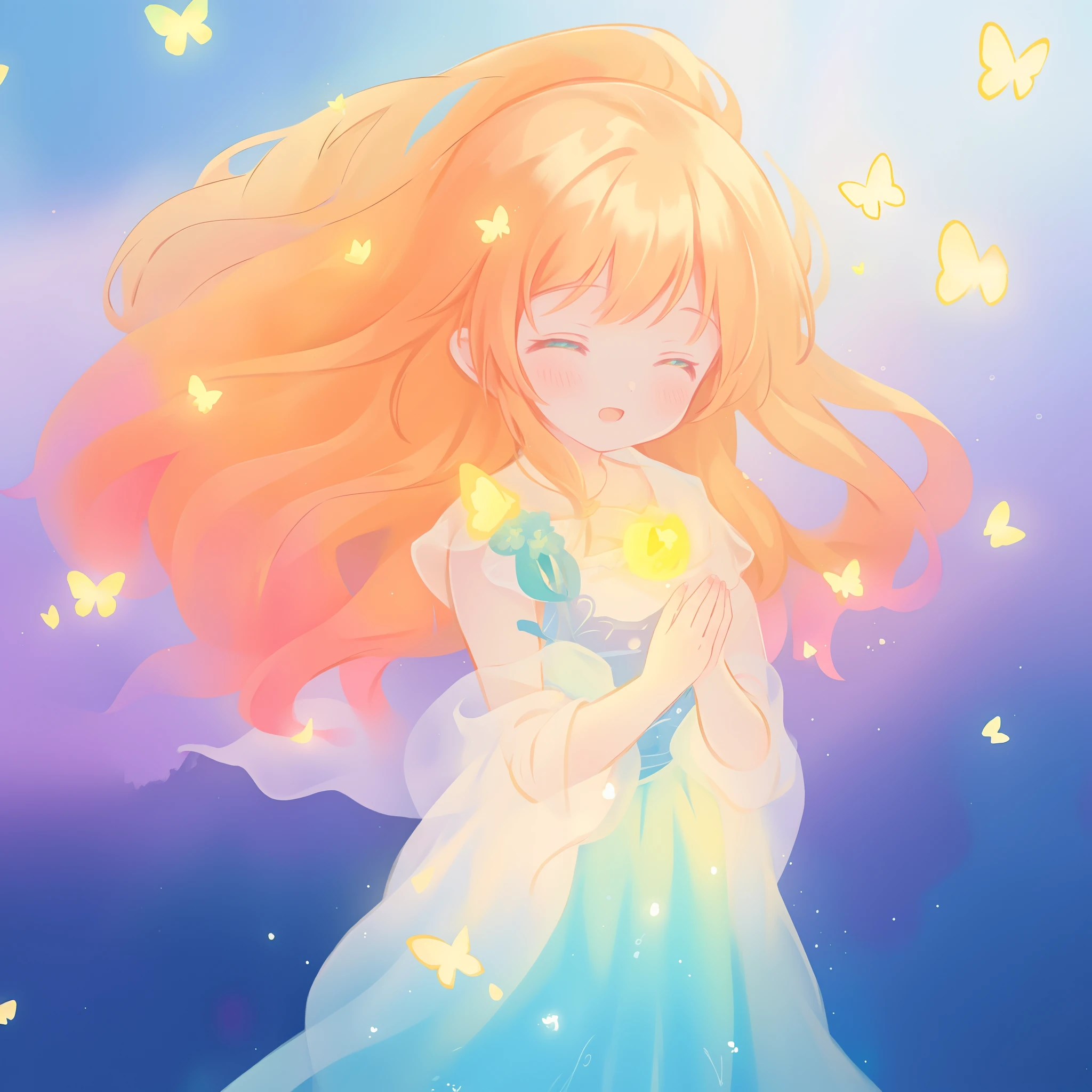 beautiful girl in flowing puffy gradient gold to aqua ballgown, ((glowing gold butterflies)), flowing sheer sleeves, (gradient yellow to aqua ballgown skirt), long sparkling red orange hair, fantasia background, watercolor illustration, inspired by Glen Keane, inspired by Lois van Baarle, disney art style, by Lois van Baarle, glowing aura around her, by Glen Keane, jen bartel, glowing lights! digital painting, flowing glowing hair, glowing flowing hair, beautiful digital illustration, fantasia otherworldly landscape plants flowers, beautiful, masterpiece, best quality, anime disney style