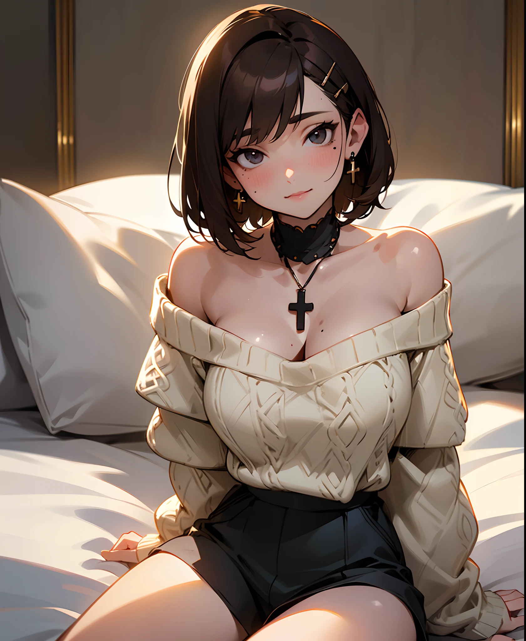 (short hair woman), (off-shoulder sweater, oversized sweater), (hiden short pants), (cross-legged sitting, hands lying on thighs), on bed, medium breasts, deep cleavage, best quality, masterpiece, illustration, very delicate and beautiful, very detailed skin, CG, Unity, 8K wallpapers, amazing, fine detail, highly detailed CG Unity 8K wallpapers, huge file size, high resolution, handsome detailed woman, very detailed eyes and face, Stunning detailed eyes, light on the face, (Best illustration: 1.1), (best shadow: 1.1), ultra high resolution, (photorealistic: 1.1), (photorealistic 1.2:1.1), realistic face proportions,slim,smile,(fluffy black eyes: 1.21), black eyes, looking at the viewer, dark brown hair, earrings, necklaces, hairpins, full body shots, (irregular skin imperfections,veins,moles,skin wrinkles,pores: 1.2), (dark night background: 1.2), (bokeh: 1.4),