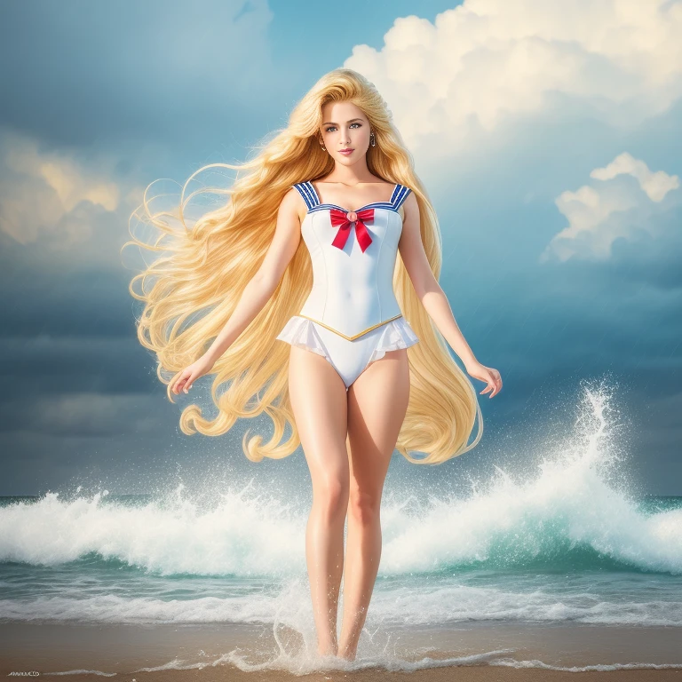 (best quality,4k,8k,high res,masterpiece:1.2),ultra-detailed, photorealistic, full body shot,golden blonde, long wavy hair,Mature and beautiful, realistic portrayal:1.2 Sailor Moon posing as if she’s in a professional photoshoot, standing in the rain