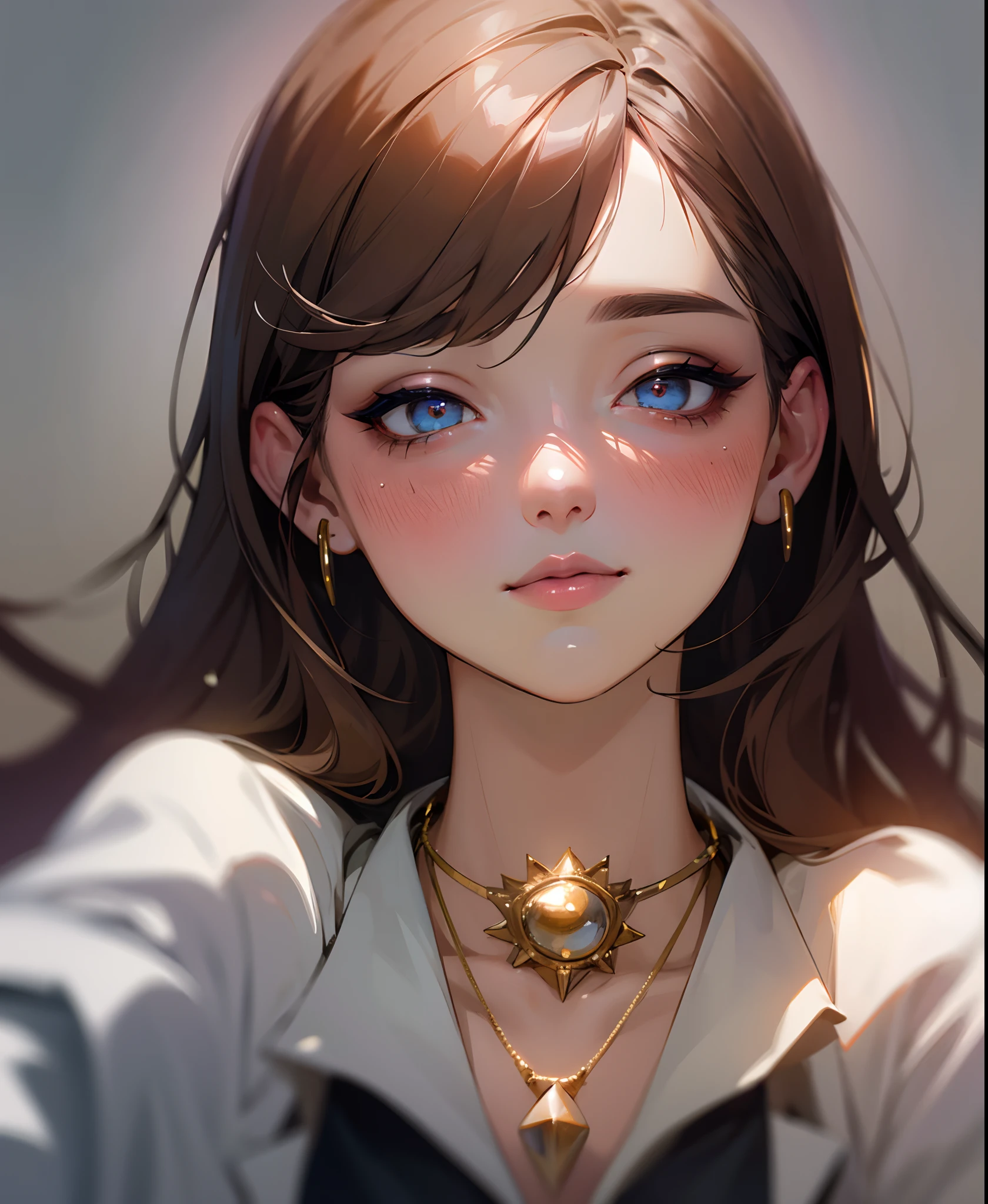 face portrait of 1girl, light long hair, wearing a secretary suit, in an office, (slightly smiling), closeup, (makeup), earring, necklace, detailed eyes, limbal ring, (masterpiece, best quality, high quality), hyperdetailed, highres, high detail, intricate detail, HDR, 8k wallpaper, sharp focus, detailed background, realistic, photorealistic, perfect hands, realistic eyes, detailed skin texture, (blush:0.5), (goosebumps:0.5), subsurface scattering