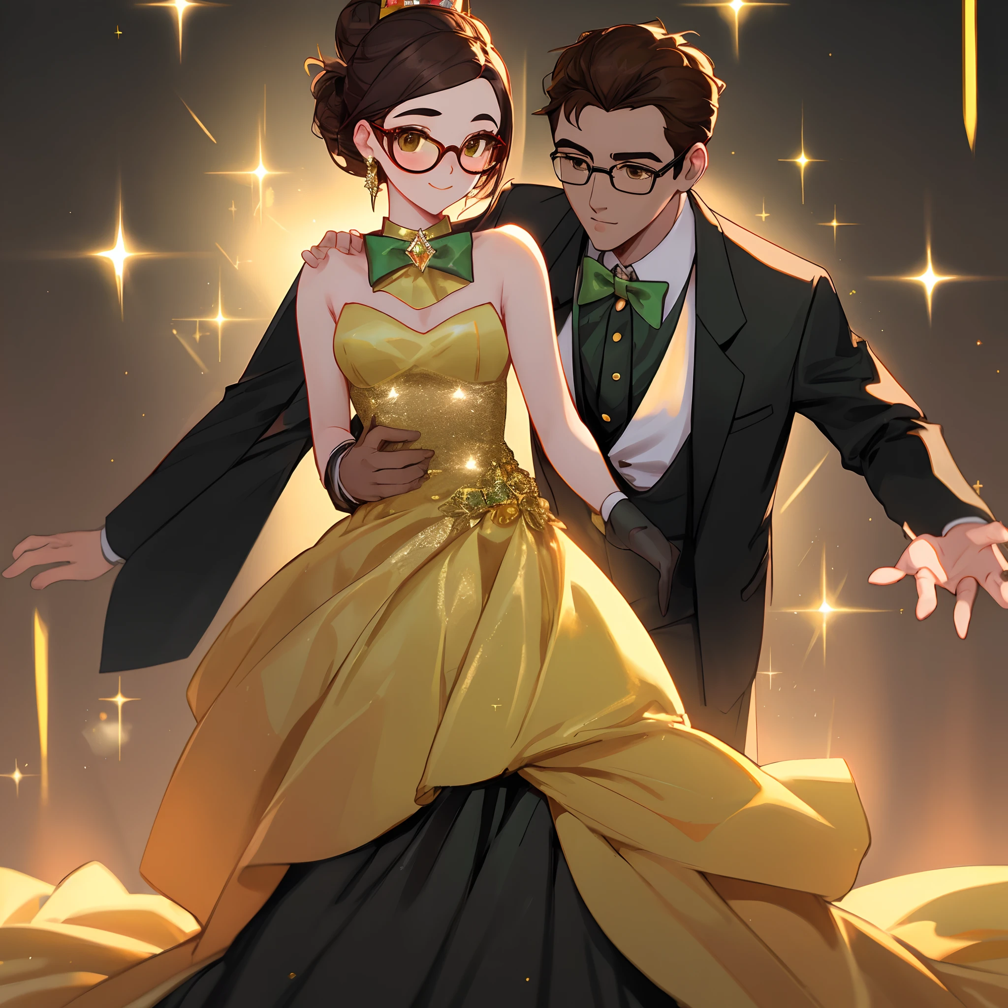 girl with very very dark green prom dress with scarlet and yellow sparkles in a diamond design all over and dark brown hair middle part low updo, brown eyes and guy with matching very very dark green tuxedo and gold bow tie and dark hair and glasses, and outside background 3D disney pixar animation