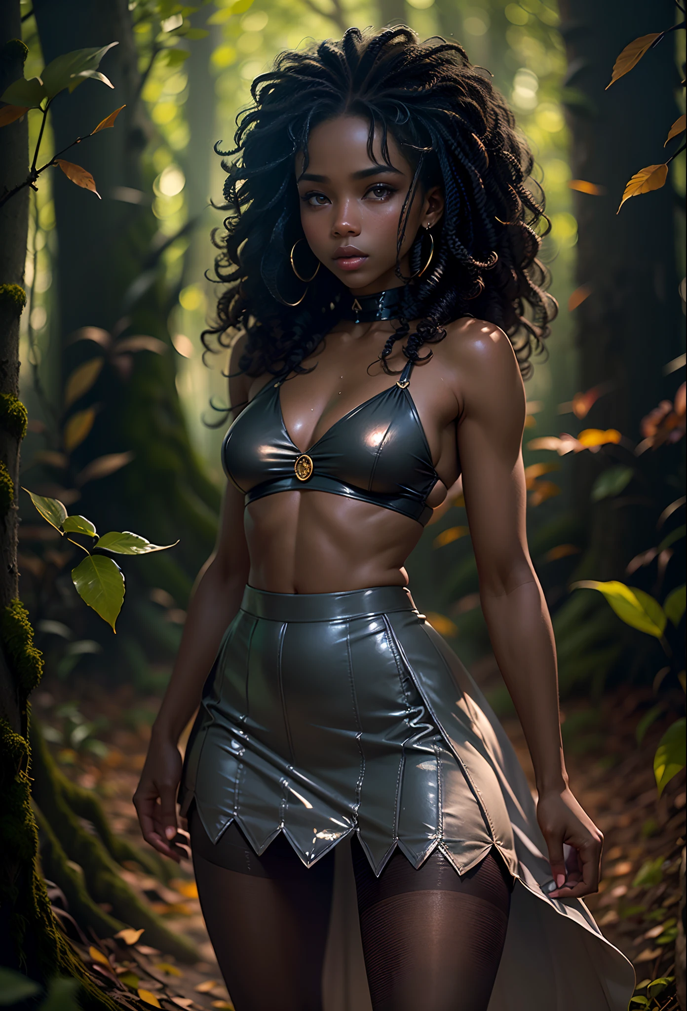 ((-yeld)))lack girl, (((light skin))), (((full body pose))),  (((long curly black hair))), (((wearing tight micromini skirt, open front cloak))), (((seamless, black, pantyhose))), standing in the dark woods at night, moonlight shining through the dense canopy,  dark fantasy, Rich, Deep Colours, (intricate details:0.9), (HDR, hyper-detailing:1.2), (natural skin textures, hyper realisitc, glistening skin, soft light, Sharp),