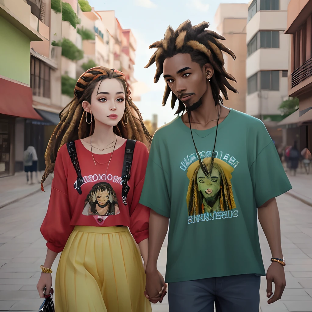 Create an anime-style TikTok image of 2 romantic Rastafarian style couples in reggae outfits.tipo com a estampa do Bob Marley  eles devem ter a cor de pele e dos olhos diversas como por exemplo parda e estar sentados em um banco de madeira em um ambiente urbano da periferia ao por do sol