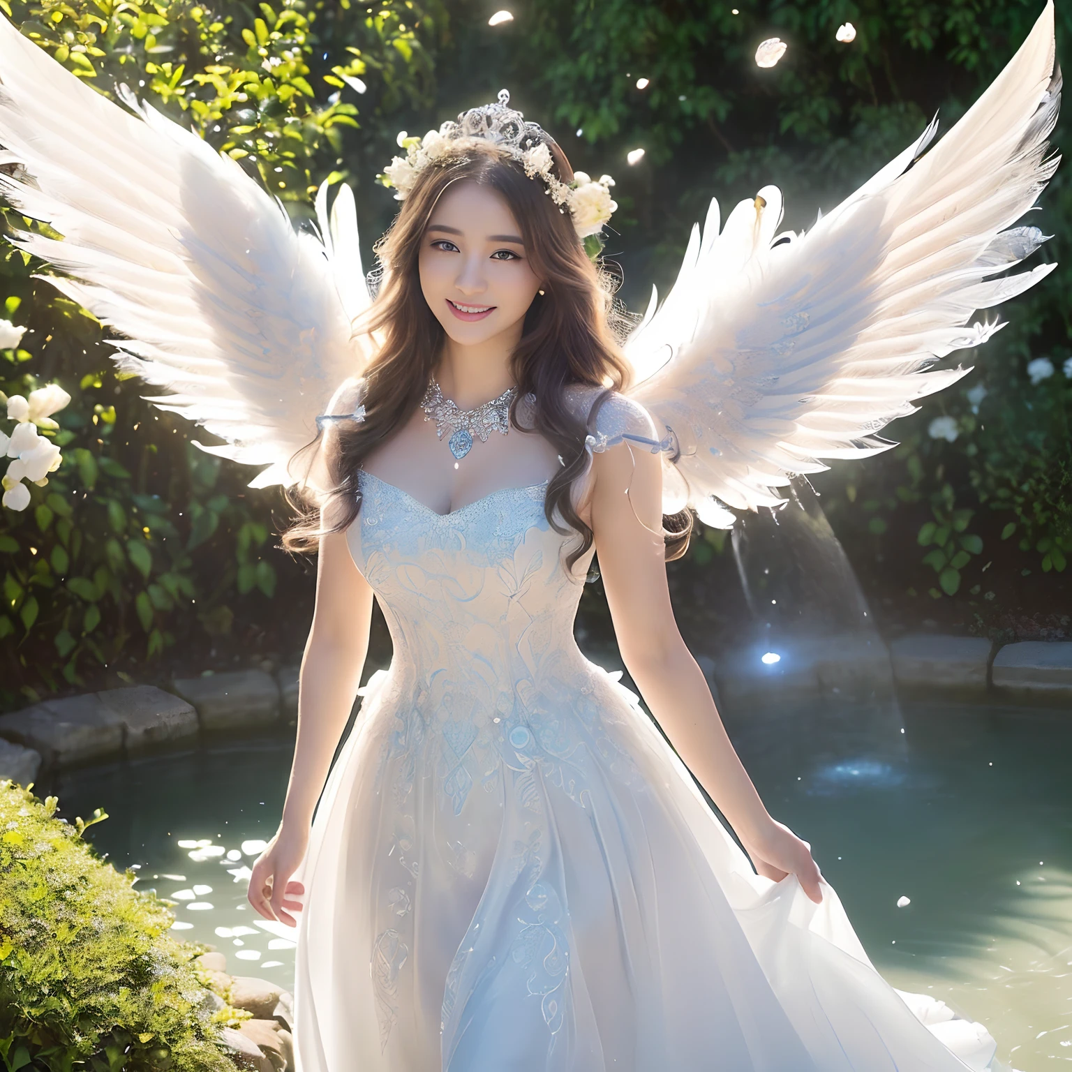 (((masutepiece、top-quality、Highly complex and detailed depictions)))、((Very beautiful angel queen、Maternal smile,mothers,Smile、Perfect gas chamber、Perfect 2 Wing、white roses、A large amount of white roses、Beautiful white roses、Light blue sparkling water、The most beautiful gardens in the world、The most complex and fantastic gardens in the world、Light blue sparkling water、Water glowing in light blue、Beautiful smile,、A detailed face、Perfectly depict the face、Walk along the cobblestones、Walking in the garden、Hair swaying in the wind、Take photos up close、Take a photo above the thigh、Final Form as Perfect Angel, ,Huge and realistic angel wings,The most dignified feathers,The most detailed and intricate angel wings、King of Angels,The most dignified angel,Shimmering white feathers、Plumage gives off a transparent shine、Graceful and classy pose、Filled with Divine Light、The brilliance of a fairy tale、Fairytale Garden、Garden with white flowers、Walking in the garden、Flowers, Fountains and cobblestone gardens、Blue Fountain、Emerald Blue Fountain、Sparkling Spring Water、Walking in the garden、Beautiful cobblestones、white blossoms,、Beautiful temple gardens、There is a spring surrounded by cobblestones、Beautiful and sparkling fountain、Sacred Well、crystal-clear water、It is full of white flowers、white blossoms、Her feathers shine like a fairy tale、Glowing feathers、Beautiful temple gardens、Fairytale Garden、Walking in the garden、Angels bathed in the sacred soft light、spectacular movie lighting、The most classy white dresses、Very noble、refinement、top grade、The brilliance of a fairy tale、Wings shining in a fairy tale、The most massive pure white princess dress, The finest necklaces,artistic décor,Intricate and solemn dress of an angelic masterpiece,White decorative dress,Huge Princess Dresses,The most majestic figure of the angel,The most intricately depicted angelic figures,Feathers that shine like a fairy tale、The plumage gives off a snow-white shine、The plumage gives off a translucent fairytale glow、Unimaginable beauty,The most intricate and beautiful dresses,Accurate reproduction of the perfect angelic detail,The figure of an unimaginably beautiful angel)),((Most beautiful face,Half Japan and half Spanish,Maternal tenderness、Maternal smile,Beautiful wavy hair,The most luxurious and intricate dresses,stares at the camera、Giant wings of angels,masutepiece,8K,very intricate,ultra-detailliert))