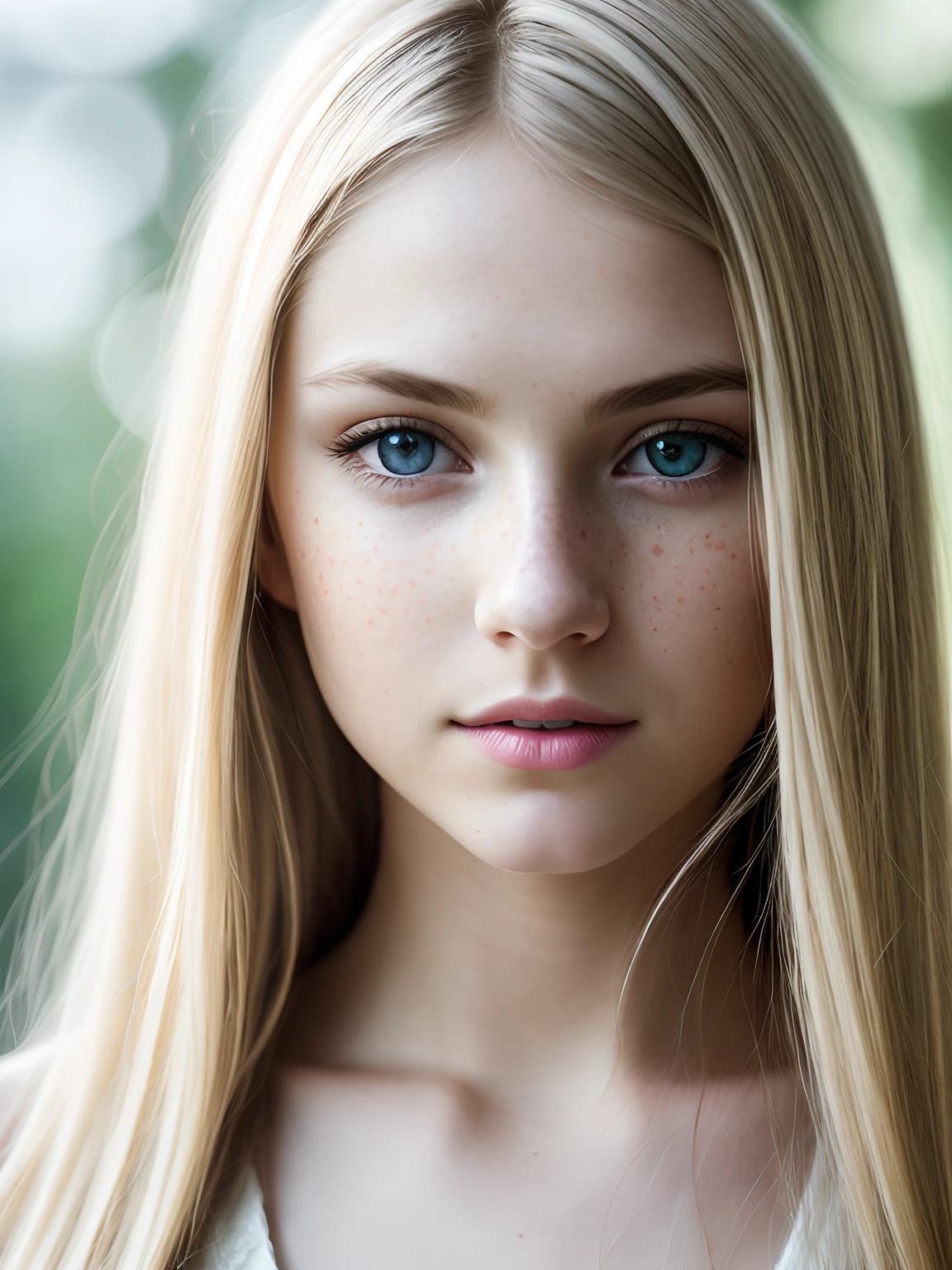 close up 1girl in, teenager, Solo, Aesthetic artwork, blond, straight blonde hair, super long blonde hair, light blue eyes, some small freckles, pale skin, small breasts, runners body, (thin hips, thin waist: 1.1), detailed skin, shy smile, 24mm, 4k textures, soft cinematic light, RAW photo, photorealism, photorealistic, intricate, elegant, highly detailed, sharp focus, ((((cinematic look)))), soothing tones, insane details, intricate details, hyperdetailed, low contrast, soft cinematic light, dim colors, exposure blend, hdr, faded