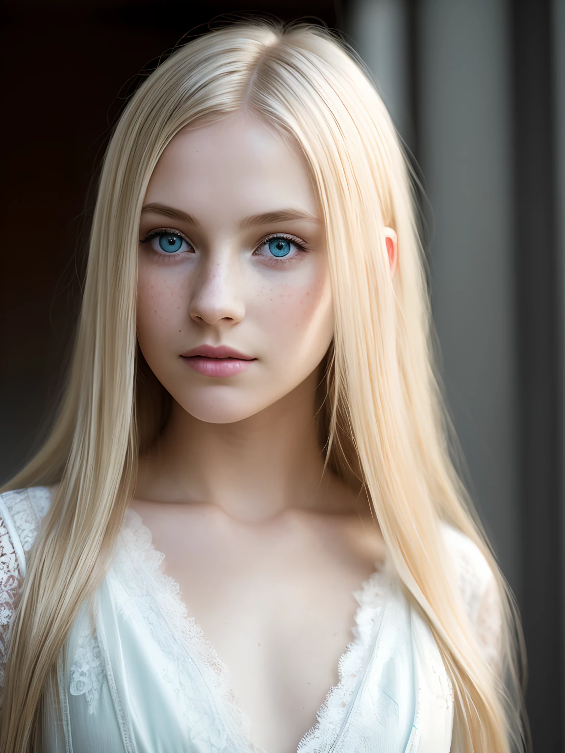 close up 1girl in, ager, Solo, Aesthetic artwork, blond, straight blonde hair, super long blonde hair, light blue eyes, some small freckles, pale skin, small breasts, runners body, (thin hips, thin waist: 1.1), detailed skin, shy smile, 24mm, 4k textures, soft cinematic light, RAW photo, photorealism, photorealistic, intricate, elegant, highly detailed, sharp focus, ((((cinematic look)))), soothing tones, insane details, intricate details, hyperdetailed, low contrast, soft cinematic light, dim colors, exposure blend, hdr, faded