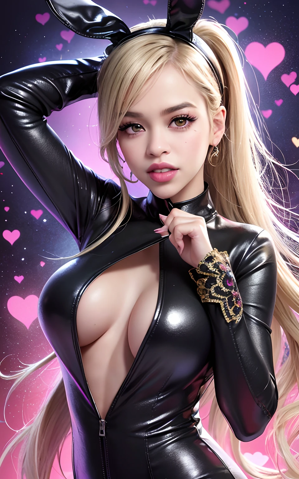 (Realistic, Photorealistic: 1.37), (8k, RAW Photos, Best Quality, Masterpiece: 1.2), Very Cute Woman, Ultra Detailed, Heart-Shaped Pupil, Physically Based Rendering, Ultra High Resolution, Kodak Vision Color, Shot with Arricam LT Camera, Bokeh, Sharp Focus, ((Correct Anatomy: 1.2)), ((Rita Ora)) Watch Viewer, Real, Solo, Photorealistic, top quality, highly detailed face, (sequins, black bunny suit, rabbit ear shaped hairband: 1.2)), ponytail, highly detailed eyes and face, beautiful detailed eyes, double eyelids, (((unforgettable smile: 1.2)), red cheeks, hair fluttering in the wind, ((upper body)), (casino, background blur)), big, cute random pose