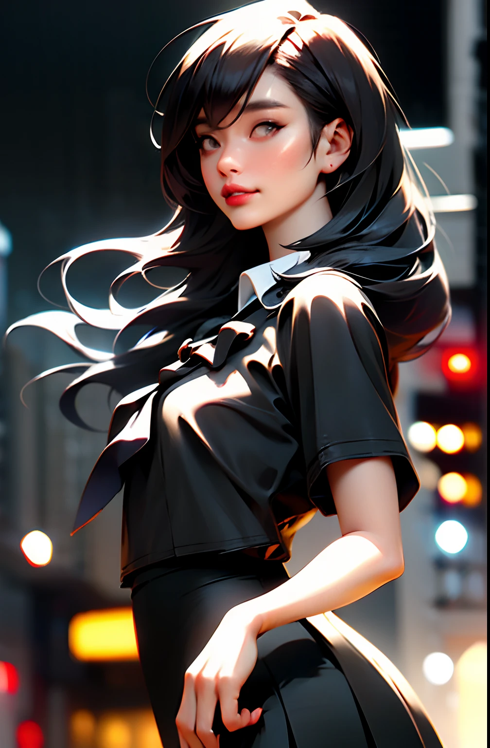 (8k, RAW photo, best quality, mastery:1.3), (realistic, photo-realistic:1.37), (looking viewer:1.331), (black hair), posing, Tokyo street, nightcityscape, cyberpunk city, soft light, 1girl, extremely beautiful face , Perfect body proportions, (small face: 1.1), bust, casual hairstyle, smile, big eyes, (short sleeves JK_shirt), JK_style, (navy JK_skirt), (bow JK_tie), mix4, detailed eyes