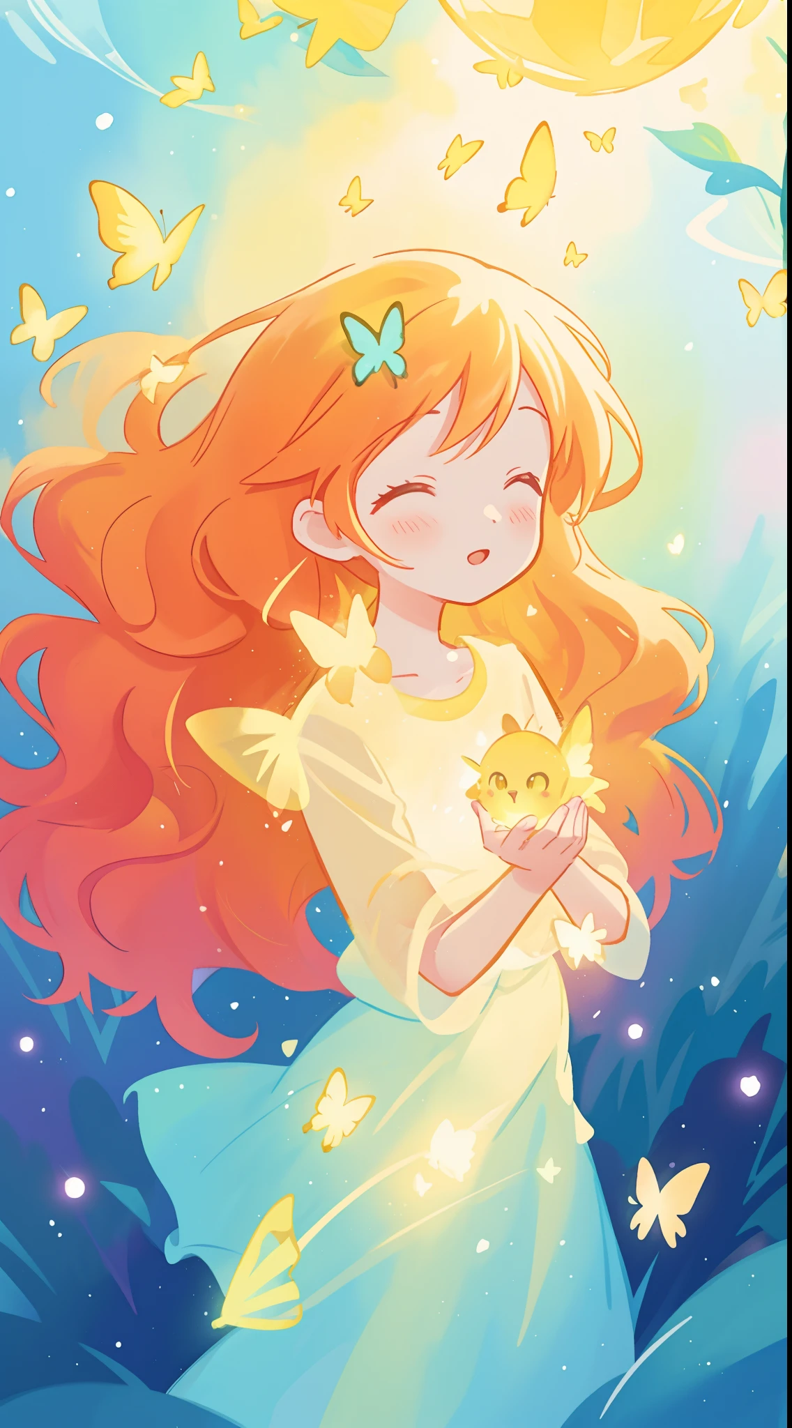 beautiful girl in flowing puffy gradient gold to aqua ballgown, ((glowing yellow butterflies)), long sparkling red hair, fantasia magical landscape background, watercolor illustration, inspired by Glen Keane, inspired by Lois van Baarle, disney art style, by Lois van Baarle, glowing aura around her, by Glen Keane, jen bartel, glowing lights! digital painting, flowing glowing hair, glowing flowing hair, beautiful digital illustration, fantasia otherworldly landscape plants flowers, beautiful, masterpiece, best quality, anime disney style