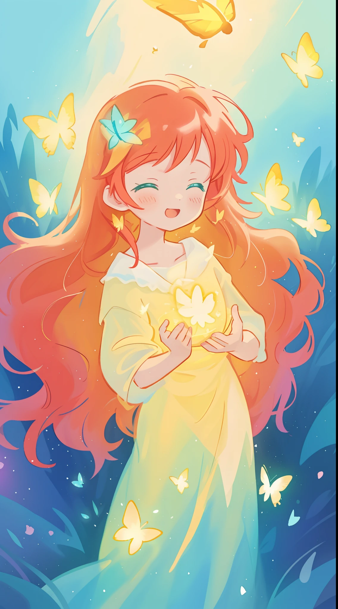 beautiful girl in flowing puffy gradient gold to aqua ballgown, ((glowing yellow butterflies)), long sparkling red hair, fantasia magical landscape background, watercolor illustration, inspired by Glen Keane, inspired by Lois van Baarle, disney art style, by Lois van Baarle, glowing aura around her, by Glen Keane, jen bartel, glowing lights! digital painting, flowing glowing hair, glowing flowing hair, beautiful digital illustration, fantasia otherworldly landscape plants flowers, beautiful, masterpiece, best quality, anime disney style
