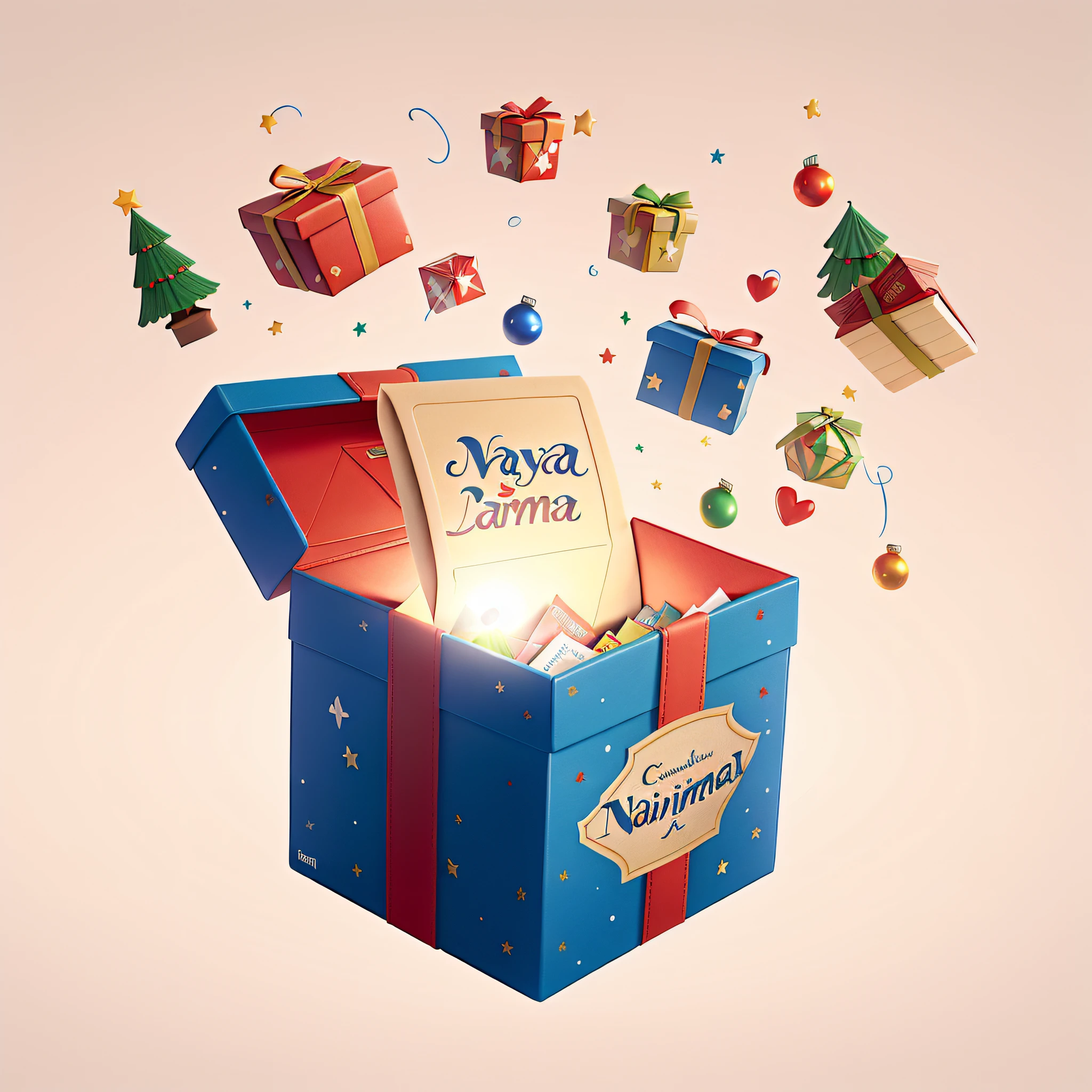 Caixa magica de natal, com cartas voando de dentro da caixa, written Natal Playfulness, estilo pixar