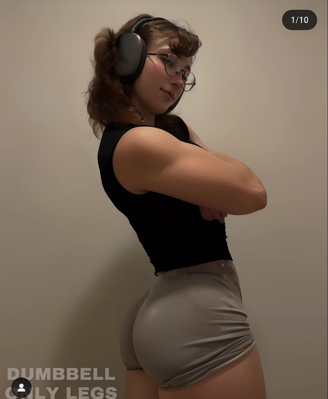 mulher de camisa preta e bermuda cinza com fones de ouvido, thicc, thick thieves, coxas grossas, pawg, grosso, beautiful thick female, thick glasses, pose lateral, Coxas!!!, Pose casual, foto fit, coxas grossas e lisas, thicc build, corpo grosso, traje apertado, derriere tonificado, coxas grandes, Coxas!!!!!!