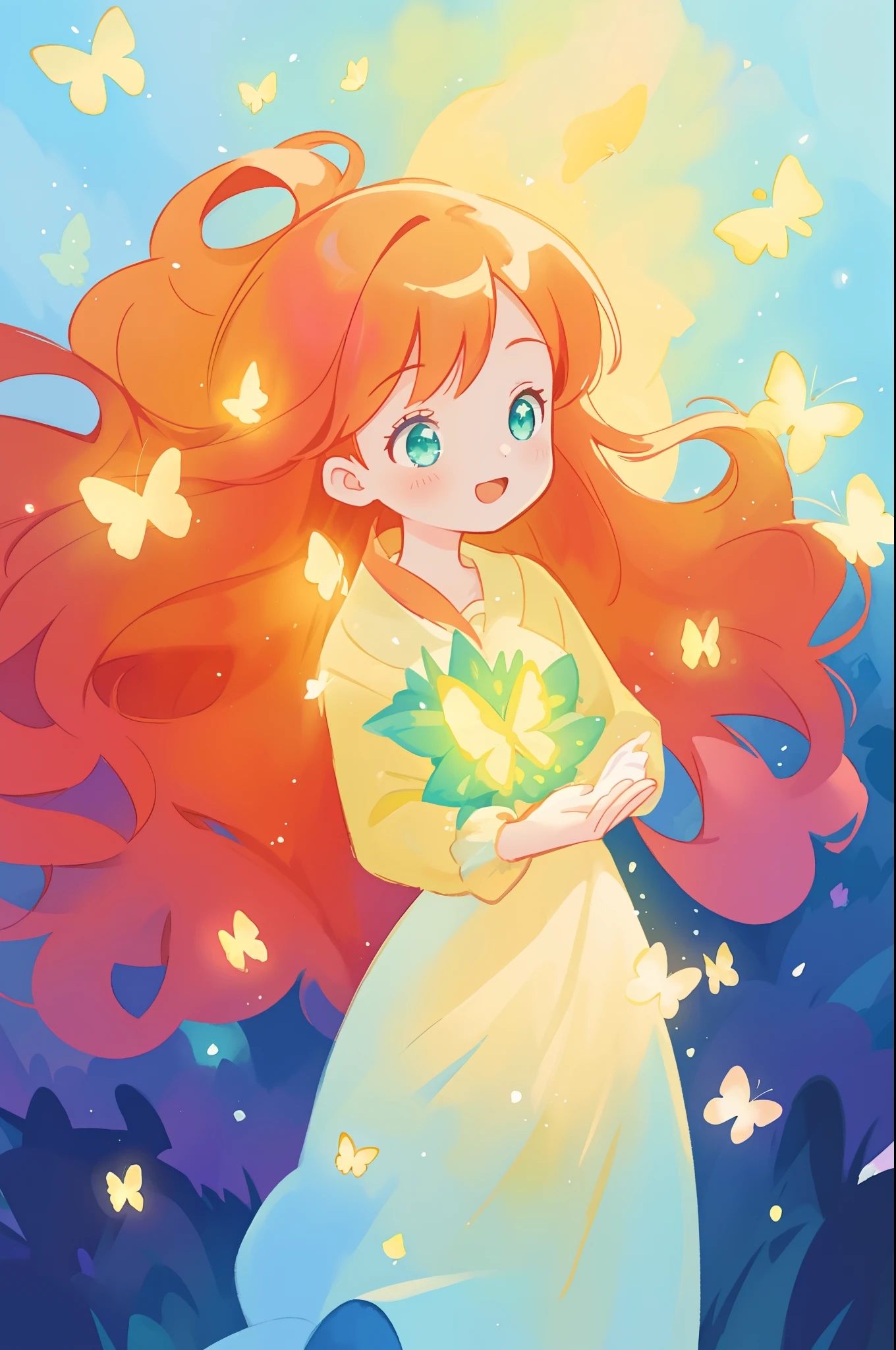 beautiful girl in flowing puffy gradient gold to aqua ballgown, ((glowing yellow butterflies)), long sparkling red hair, fantasia magical landscape background, watercolor illustration, inspired by Glen Keane, inspired by Lois van Baarle, disney art style, by Lois van Baarle, glowing aura around her, by Glen Keane, jen bartel, glowing lights! digital painting, flowing glowing hair, glowing flowing hair, beautiful digital illustration, fantasia otherworldly landscape plants flowers, beautiful, masterpiece, best quality, anime disney style