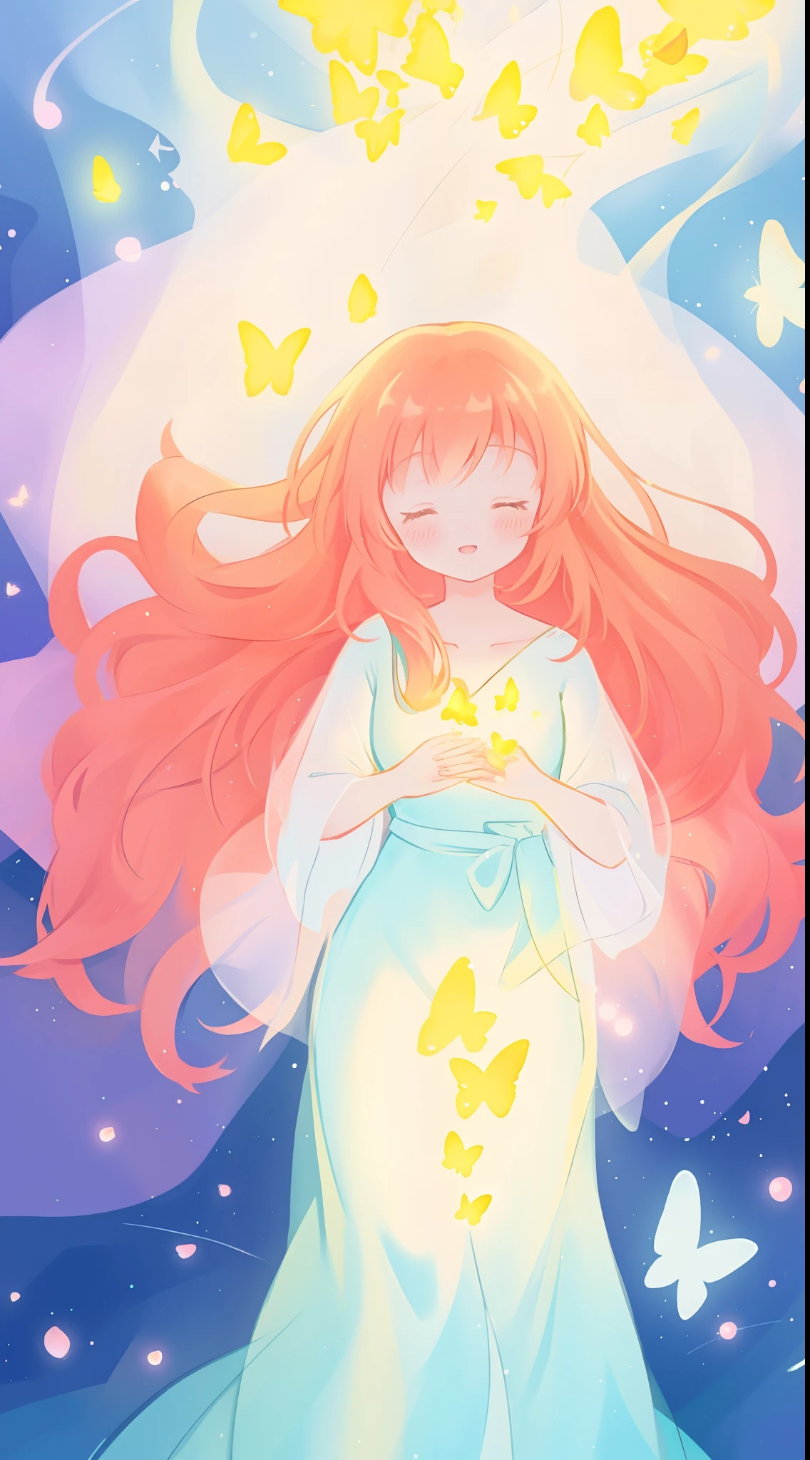 beautiful girl in flowing puffy gradient gold to aqua ballgown, ((glowing gold butterflies)), flowing sheer sleeves, (gradient yellow to aqua ballgown skirt), long sparkling red orange hair, fantasia background, watercolor illustration, inspired by Glen Keane, inspired by Lois van Baarle, disney art style, by Lois van Baarle, glowing aura around her, by Glen Keane, jen bartel, glowing lights! digital painting, flowing glowing hair, glowing flowing hair, beautiful digital illustration, fantasia otherworldly landscape plants flowers, beautiful, masterpiece, best quality, anime disney style