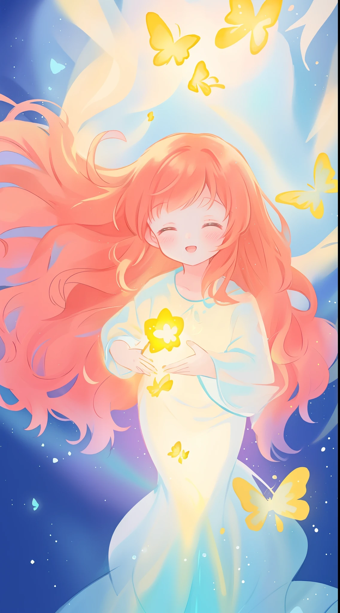 beautiful girl in flowing puffy gradient gold to aqua ballgown, ((glowing gold butterflies)), flowing sheer sleeves, (gradient yellow to aqua ballgown skirt), long sparkling red orange hair, fantasia background, watercolor illustration, inspired by Glen Keane, inspired by Lois van Baarle, disney art style, by Lois van Baarle, glowing aura around her, by Glen Keane, jen bartel, glowing lights! digital painting, flowing glowing hair, glowing flowing hair, beautiful digital illustration, fantasia otherworldly landscape plants flowers, beautiful, masterpiece, best quality, anime disney style