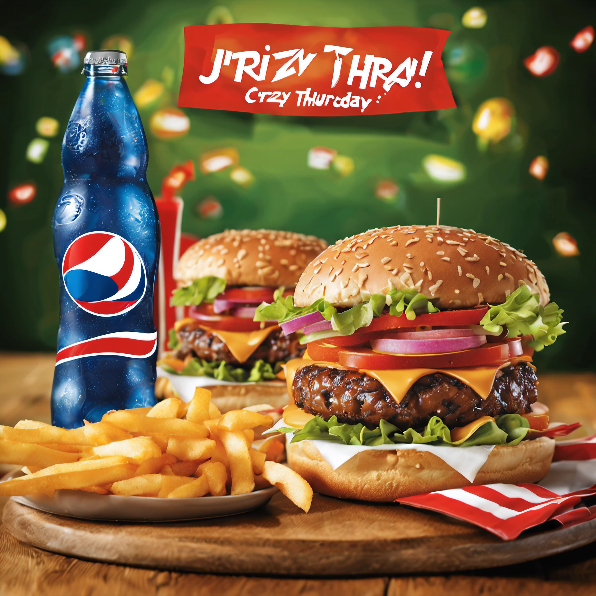 promotional poster,Delicious set menu (1 delicious juicy burger, 1 fries,1 Pepsi) with "Crazy Thursday vivo50" on the cover"