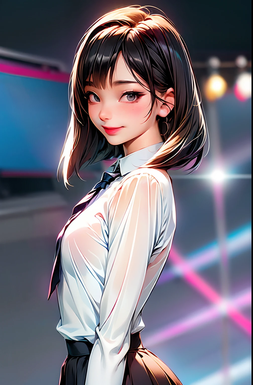 (8k, RAW photo, best quality, mastery:1.3), (realistic, photo-realistic:1.37), (looking viewer:1.331), (black hair), posing, Tokyo street, nightcityscape, cyberpunk city, soft light, 1girl, extremely beautiful face , Perfect body proportions, (small face: 1.1), bust, casual hairstyle, smile, big eyes, (short sleeves JK_shirt), JK_style, (navy JK_skirt), (bow JK_tie), mix4, detailed eyes