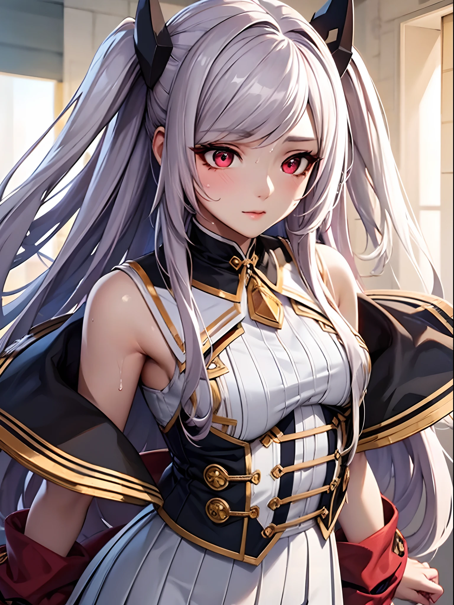 Ultra-detailed, hight resolution, one girls、Beautiful whole body、Extremely detailed,Beautiful detailed girl,独奏、Dressed in white and black colors、[8k picture:1.15],[Attractive eyes,A detailed eye、Colorful eyes、radiant eyes:1.25]、top-quality、 [3D images:1.15],Alexia Midgar, Delicate and sexy collarbone, charming oval face, Double eyelids, Bright peach blossom eyes, Pink lips, small nose, Bare shoulders, Focused face, The ultra -The high-definition, Super Details, Elegant standing position, Ultra-fine translucent wet yarn,White hair,Red Eyes、A cute girl no matter who looks、white skirt