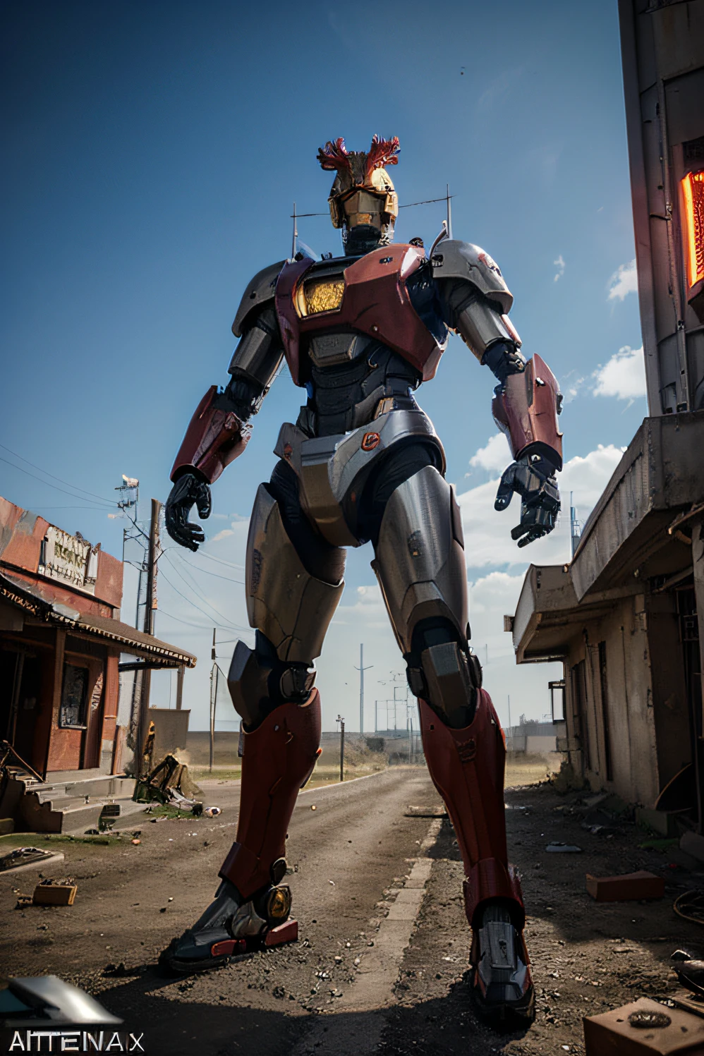 tema vermelho, Phoenix Mecha, Rooster chicken head, asas mecha, Cyberpunk, best quality, master part, unmanned, corpo inteiro, mechanical marvel, forte, lua, Cidade arruinada, arte digital da mais alta qualidade, arte deslumbrante, papel de parede 4k, altamente detalhado, military robot, army, zona de guerra, dynamic lighting, filme, epics, damaged mechanical parts