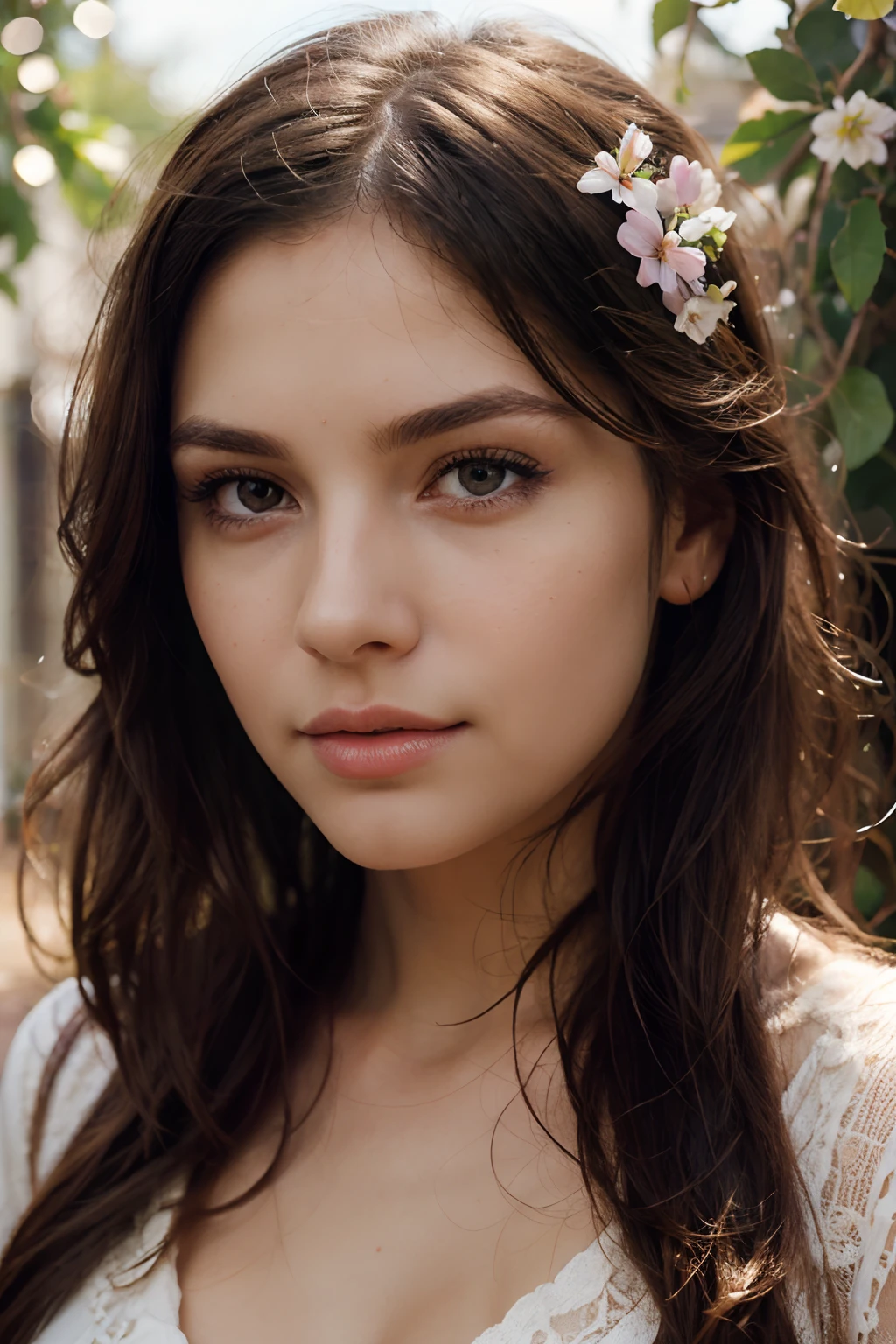 a girl in a garden,double exposure,illustration,vibrant colors,soft lighting,beautiful detailed eyes,beautiful detailed lips,bokeh,natural elements,flowers,artistic mood,serene atmosphere,medium format photography,elegant pose,nature-inspired,blurred background,mystical,ethereal beauty,highres,expression of emotions,creative composition,harmony,peaceful ambiance,eye-catching,subtle tones,sunlit,hazy effect