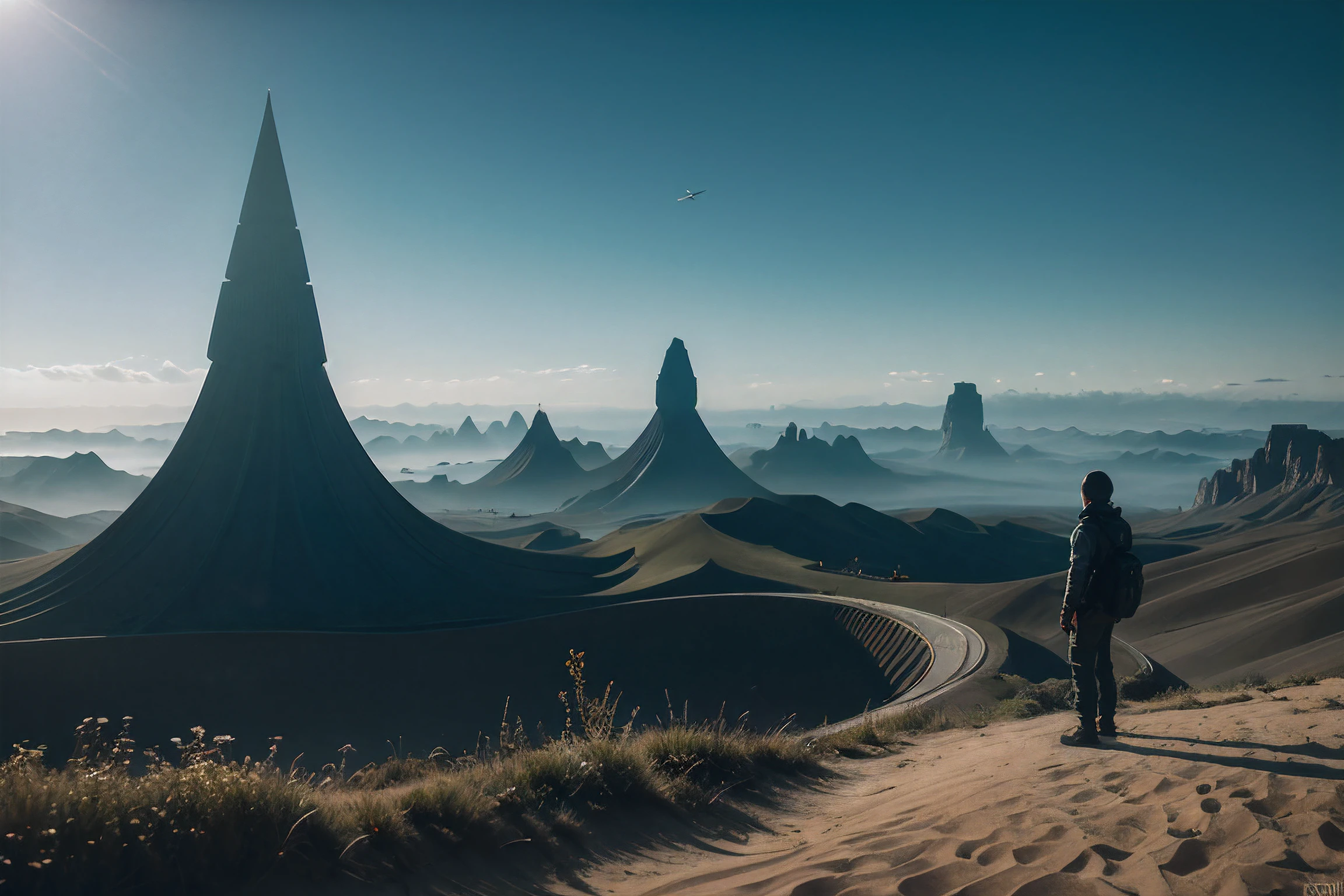 detailed hyperrealism 3 d projection of 4 d photography extremely highly detailed diabolic solarpunk landscape hyperrealism surreal still from denis villeneuve quint buchholz and caspar david friedrich and scott listfield and simon stalenhag surreal extremely detailed movie volumetric dark cyan light