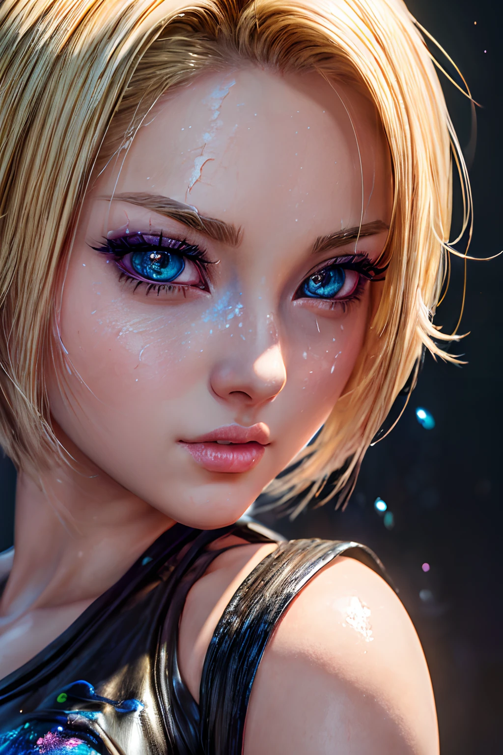 masterpiece, best quality, (extremely detailed CG unity 8k wallpaper, masterpiece, best quality, ultra-detailed, best shadow), (detailed background), (beautiful detailed face, beautiful detailed eyes), High contrast, (best illumination, an extremely delicate and beautiful),1girl,((colourful paint splashes on transparent background, dulux,)), ((caustic)), dynamic angle,beautiful detailed glow,full body, paint splash on face.  close up of a woman, anime girl with blonde short hair, realistic anime 3 d style, android 18, seductive anime girl, anime realism style, attractive anime girl,beautiful alluring anime woman, looking like android 18,