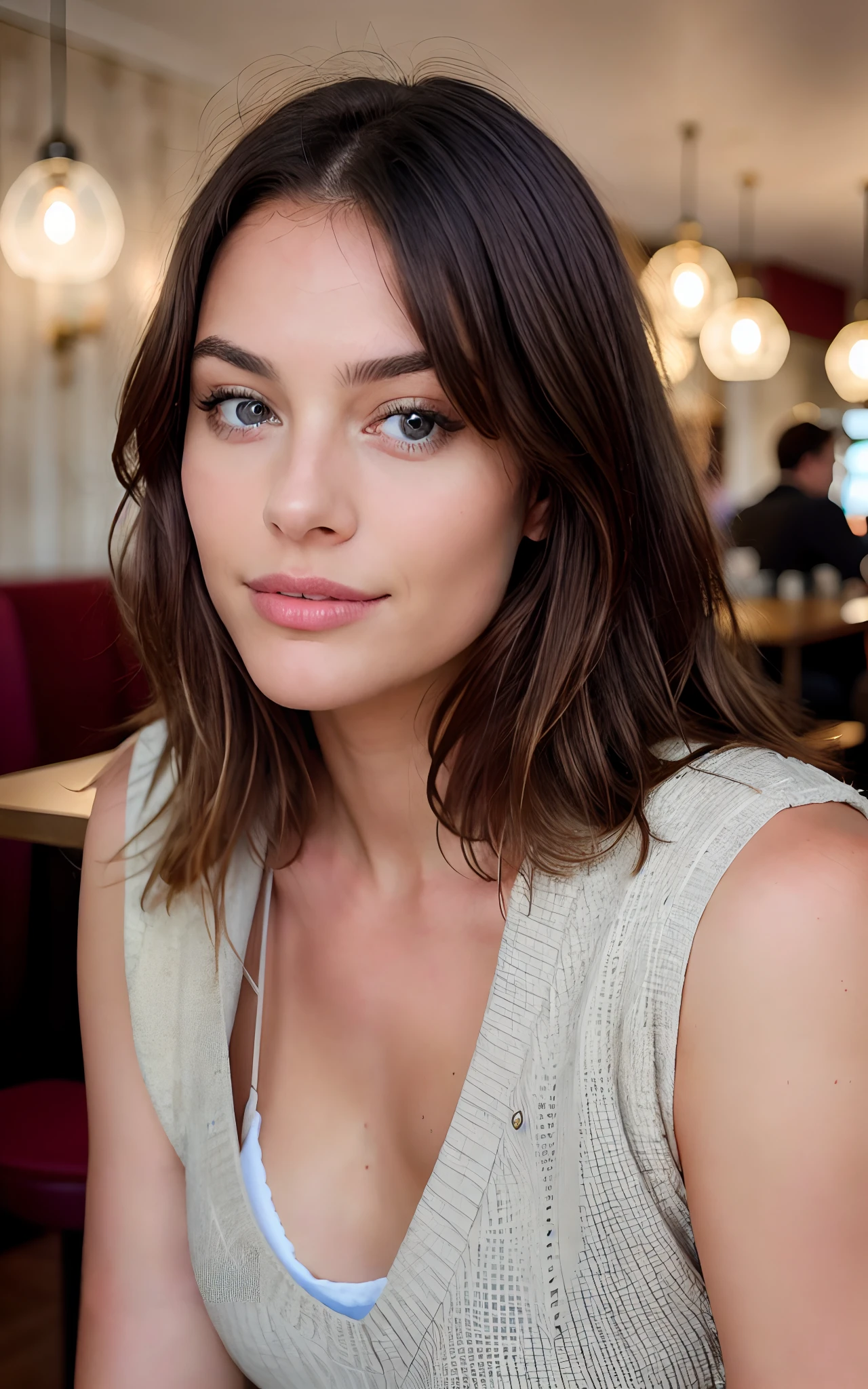 Belle brune aux reflets blonds portant un pull beige (in a café drinking soda), Very detailed, 22 ans, visage innocent, natural wavy hair, yeux bleus, High resolution, Masterpiece, Best quality, intricate high detail, highly detailed, mise au point nette, detailed skin, realistic skin texture, texture, detailled eyes, professionnel, 4K, sourire charmant, filmed on Canon, 85 mm, faible profondeur de champ, Couleur Kodak Vision, perfect fit body, Extremely detailed, photographier_\(ultra\), photoreallistic, Realstic, Post-traitement, maximum details, roughness, real life, ultra realist, photorealism, photographie, 8K UHD, photographie