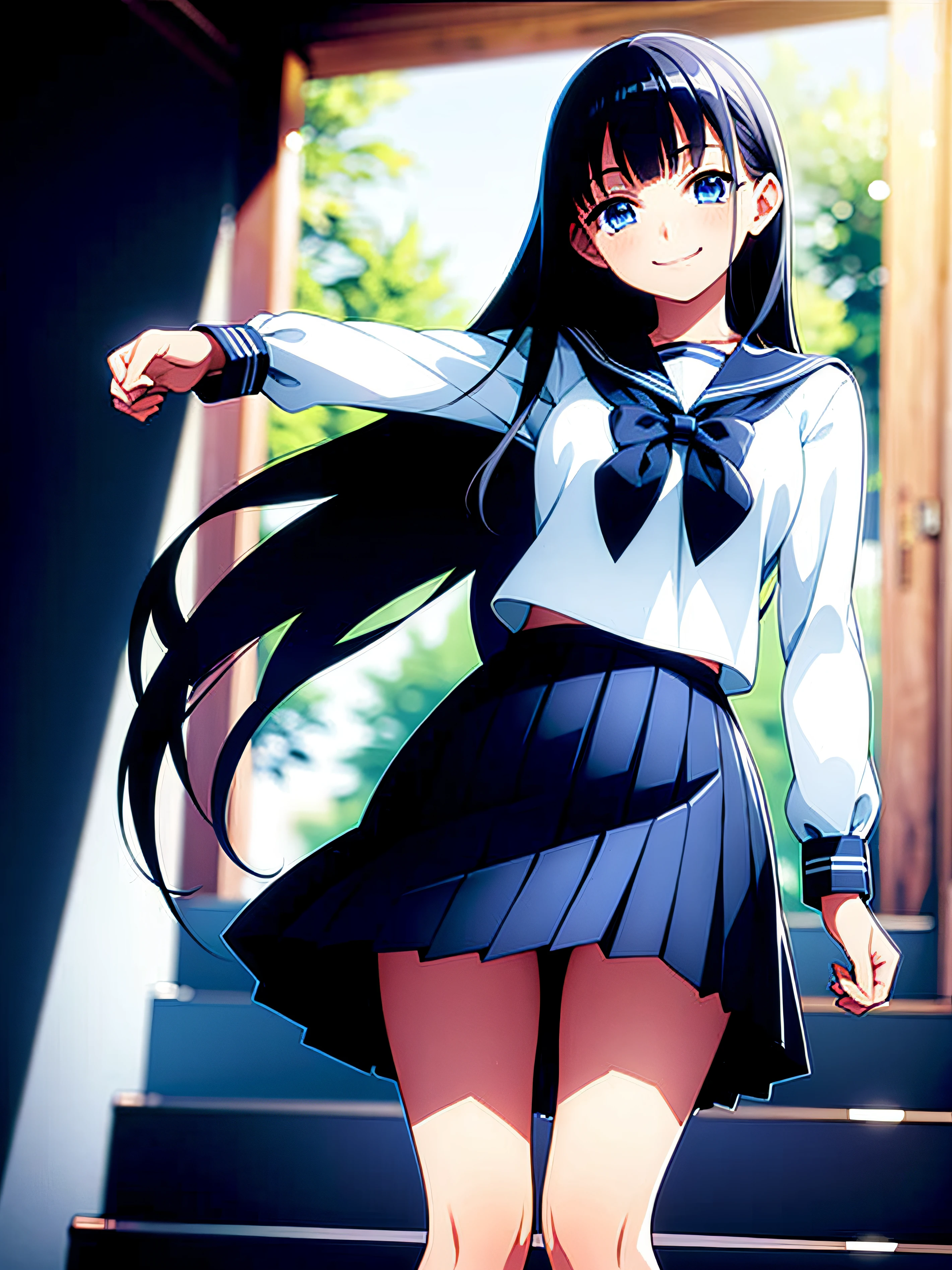 1girl, school uniform, skirt, solo, long hair, blue eyes, serafuku, black hair, sailor collar, shirt, long sleeves, blurry, looking at viewer, bow, blurry background, white shirt, stairs, pleated skirt, black skirt, smile, blue bow, bangs, depth of field, black sailor collar, standing, indoors, neckerchief, closed mouth, bowtie, blue skirt, akebisailor,  Girl seen from the floor, It's okay to wear a skirt, View from below, I can see my panties, medium breasts, ((Very detailed)), (Perfectly detailed face), (Highly detailed hands), Photorealistic images,White panty,up skirt,Lace panties