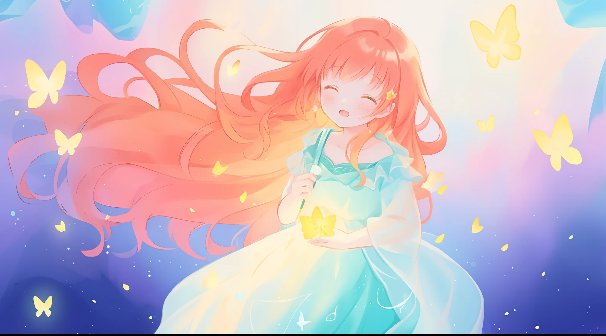 beautiful girl in flowing puffy gradient gold to aqua ballgown, ((glowing gold butterflies)), flowing sheer sleeves, (gradient yellow to aqua ballgown skirt), long sparkling red orange hair, fantasia background, watercolor illustration, inspired by Glen Keane, inspired by Lois van Baarle, disney art style, by Lois van Baarle, glowing aura around her, by Glen Keane, jen bartel, glowing lights! digital painting, flowing glowing hair, glowing flowing hair, beautiful digital illustration, fantasia otherworldly landscape plants flowers, beautiful, masterpiece, best quality, anime disney style