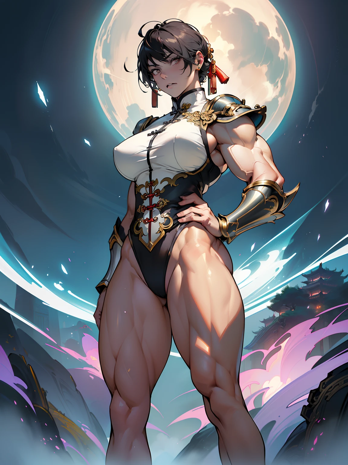 (High resolution, Pixels are perfect, luxurious illustration), (hyper quality, masutepiece, Ethereal: 1.4),(Solo:1.4), ((((From head to knee)))),  (angry), pale skin, (put hands on the hip), (((((((muscular))))))), ((thick thighs)), ((Huge breasts)), Woman, Very short hair, ((((chinese armor)))), (((wide hips))), ((greybackground)), (Shiny skin), (Leotard),