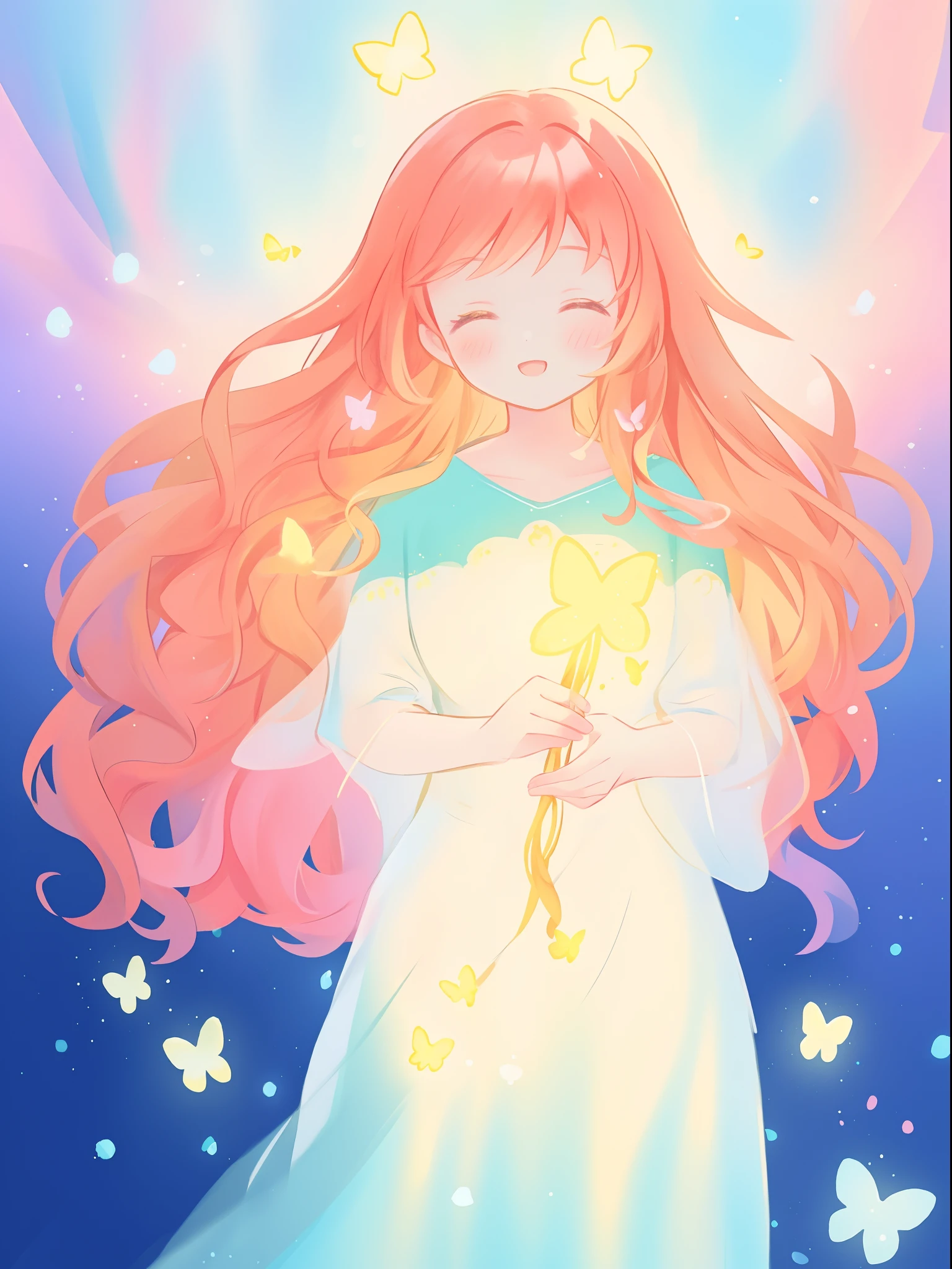 beautiful girl in flowing puffy gradient gold to aqua ballgown, ((glowing gold butterflies)), flowing sheer sleeves, (gradient yellow to aqua ballgown skirt), long sparkling red orange hair, fantasia background, watercolor illustration, inspired by Glen Keane, inspired by Lois van Baarle, disney art style, by Lois van Baarle, glowing aura around her, by Glen Keane, jen bartel, glowing lights! digital painting, flowing glowing hair, glowing flowing hair, beautiful digital illustration, fantasia otherworldly landscape plants flowers, beautiful, masterpiece, best quality, anime disney style