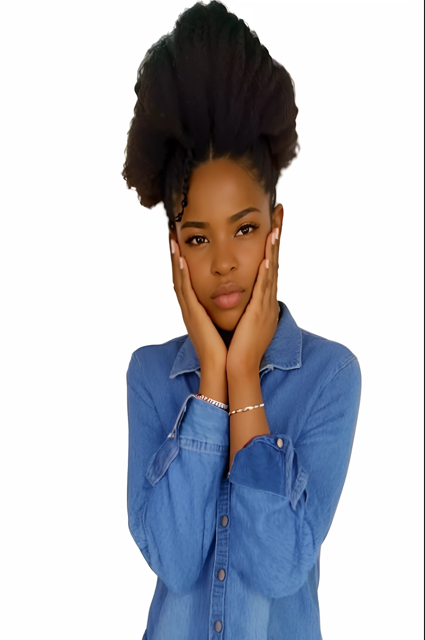 There's a woman with a blue coat and black hair, adolescente negra, Menina africana de pele clara, Arte Digital - W 640, Young lady, mulher jovem negra, jovem mulher negra, com afro, de pele clara, ((Saturado)), suave em _ O plano de fundo, in Song Cover style, with the title "It's cute"