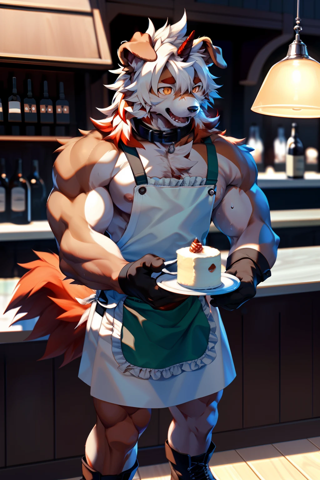 (by Hioshiru, by null-ghost, By personalami, by Honovy, by thebigslick, author:Feinhertz), Male, Solo, domestic dog,Doggy, Red horns, floppy ears, clawed paws, view the viewer,In the café,waitor,Sexy,The upper part of the body,lowerbody,(Sweat:1.9),gasps,upper legs,small thighs,〈Have a strong figure〉,opens his eyes wide,A collar is worn around his neck,Dog leash,Be red in the face,Desire for dissatisfaction,the shy,gentle,Temptation of the,gasps,Eyes are focused,Keep your eyes open,Heads-up,Tall and strong,Fluffy tail,Orange tail,Masterpiece, Best quality, offcial art, Extremely detailed Cg Unity 8K wallpaper, Ultra-detailed, Best Illustration, Best shadow, Perfect lighting, bellow (/arknight/), White fur, Furry male, Dog boy, Furry, Two-tone fur, 1boys, multicolored hair, Male focus, Horns, Striped hair, Dog ears, Animal ears, single horn, Brown fur, bangs, Orange hair, White hair, Medium hair, Orange eyes, Black pupils,Solo,Muscle men,Stand up,The erection,nipple bump,full bodyesbian,the maid outfit,Hair is supple,Holding a silver tray in his hand,aprons,ssmile,Sunny and cheerful,Bar,Small cake,Boots,Bow knot,Both eyes are the same size,Black gloves,enthusiastic,sideface,Lateral face,Turning Head,winking,naughty big breasts,drinking a coffee
