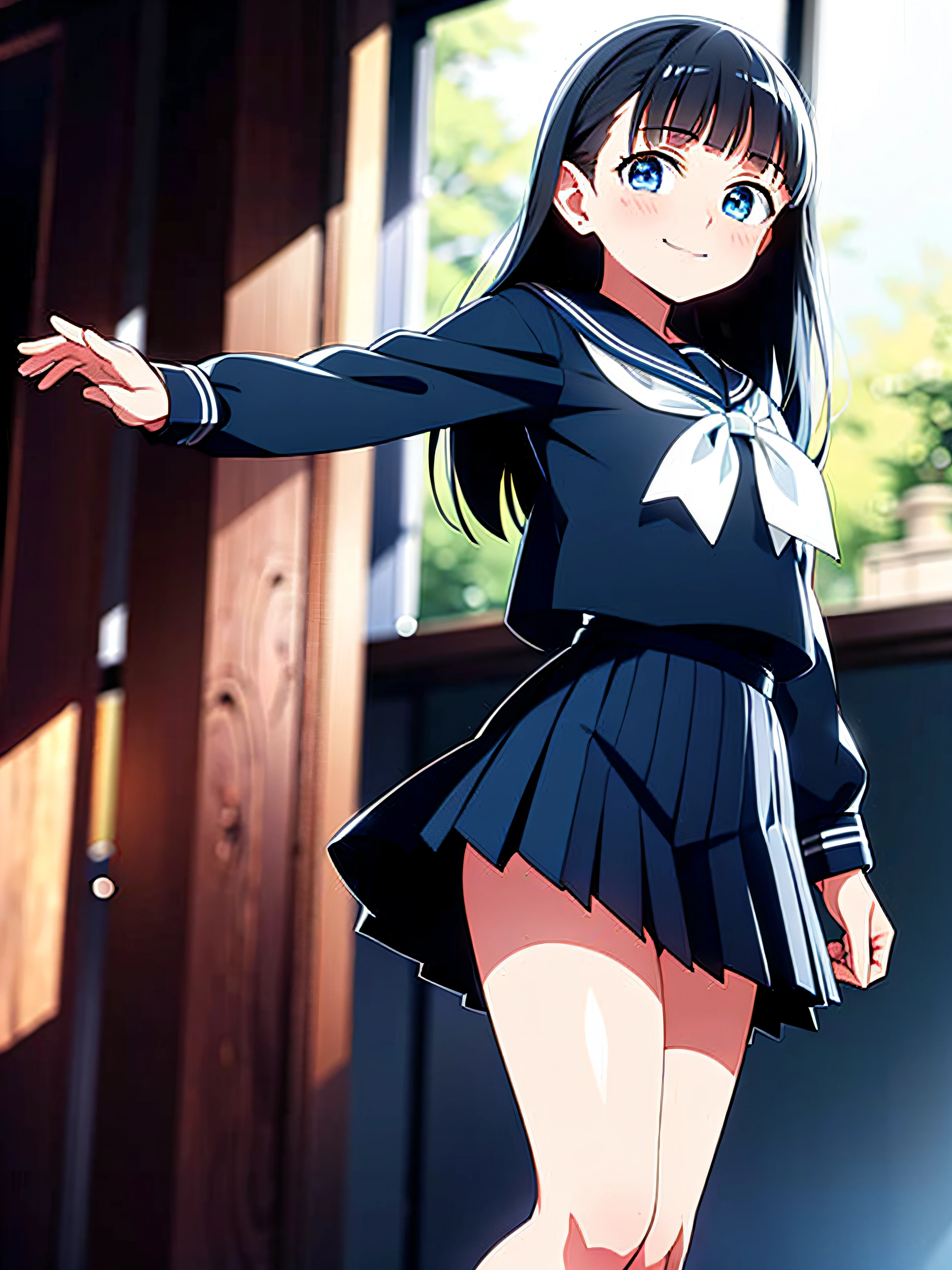 1girl, school uniform, skirt, solo, long hair, blue eyes, serafuku, black hair, sailor collar, shirt, long sleeves, blurry, looking at viewer, bow, blurry background, white shirt, stairs, pleated skirt, black skirt, smile, blue bow, bangs, depth of field, black sailor collar, standing, indoors, neckerchief, closed mouth, bowtie, blue skirt, akebisailor,  Girl seen from the floor, It's okay to wear a skirt, View from below, I can see my panties, medium breasts, ((Very detailed)), (Perfectly detailed face), (Highly detailed hands), Photorealistic images,White panty,up skirt,Lace panties